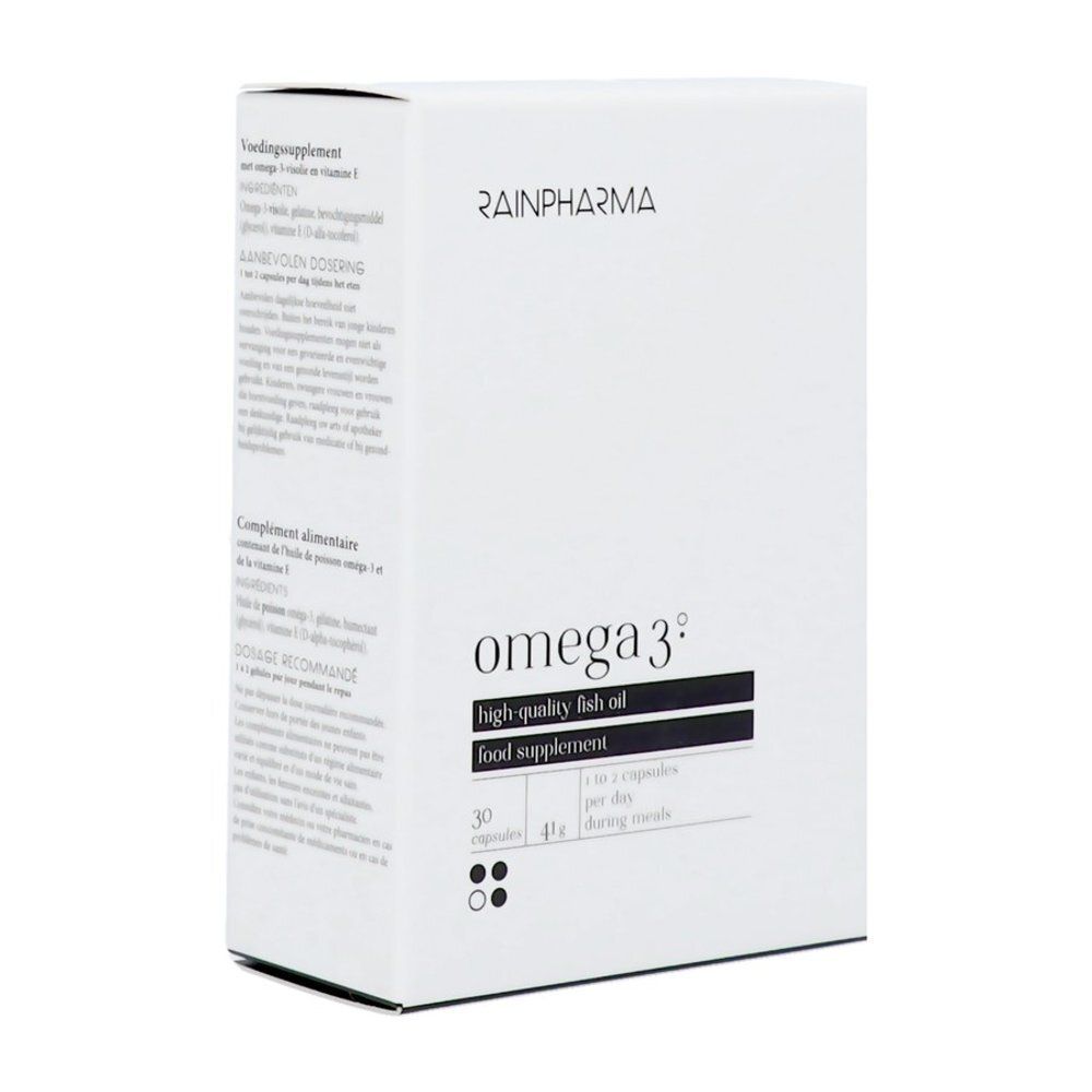 Boîte Rainpharma Omega 3, face avant avec nom du produit et nombre de capsules.