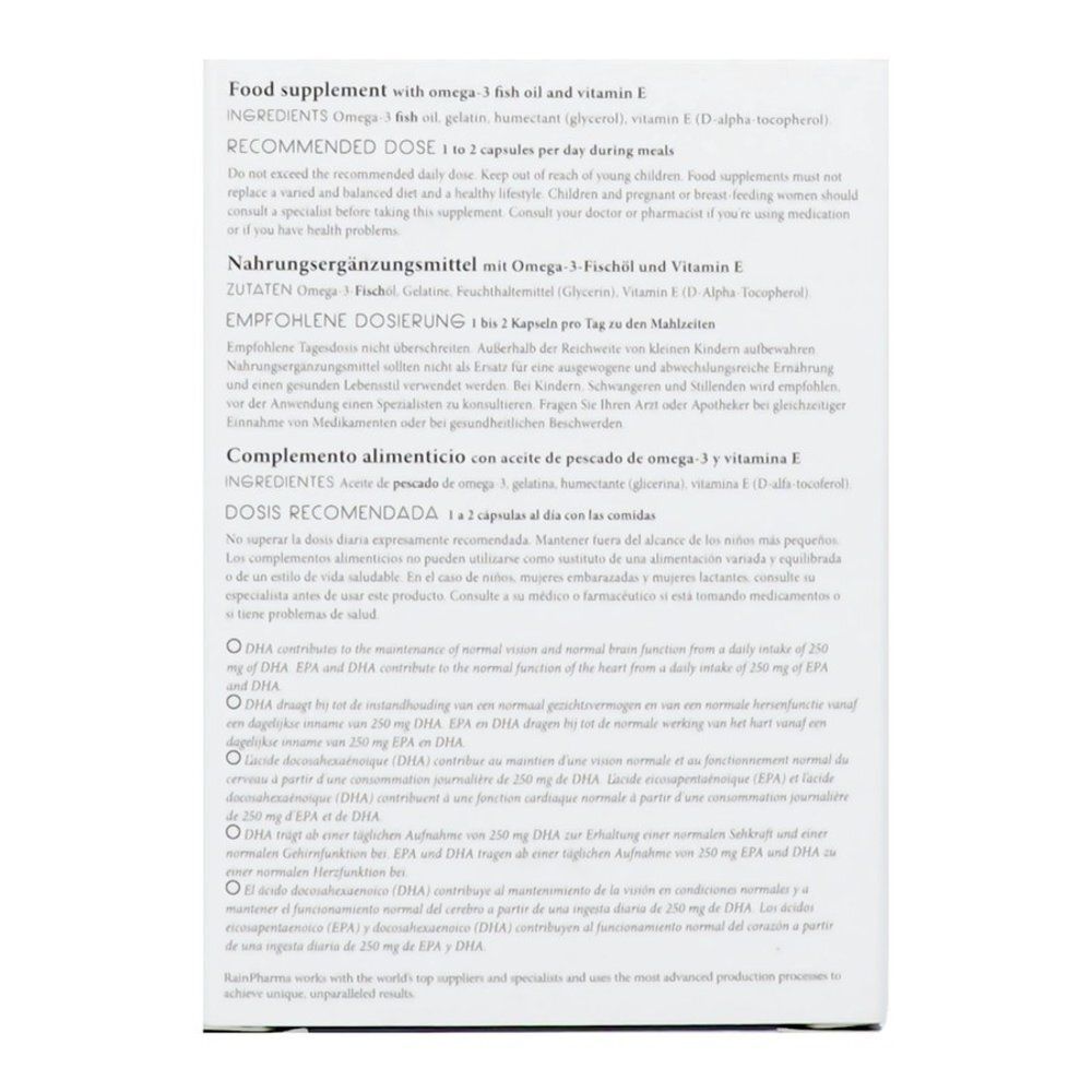 Boîte Rainpharma Omega 3, côté avec informations en français et néerlandais.