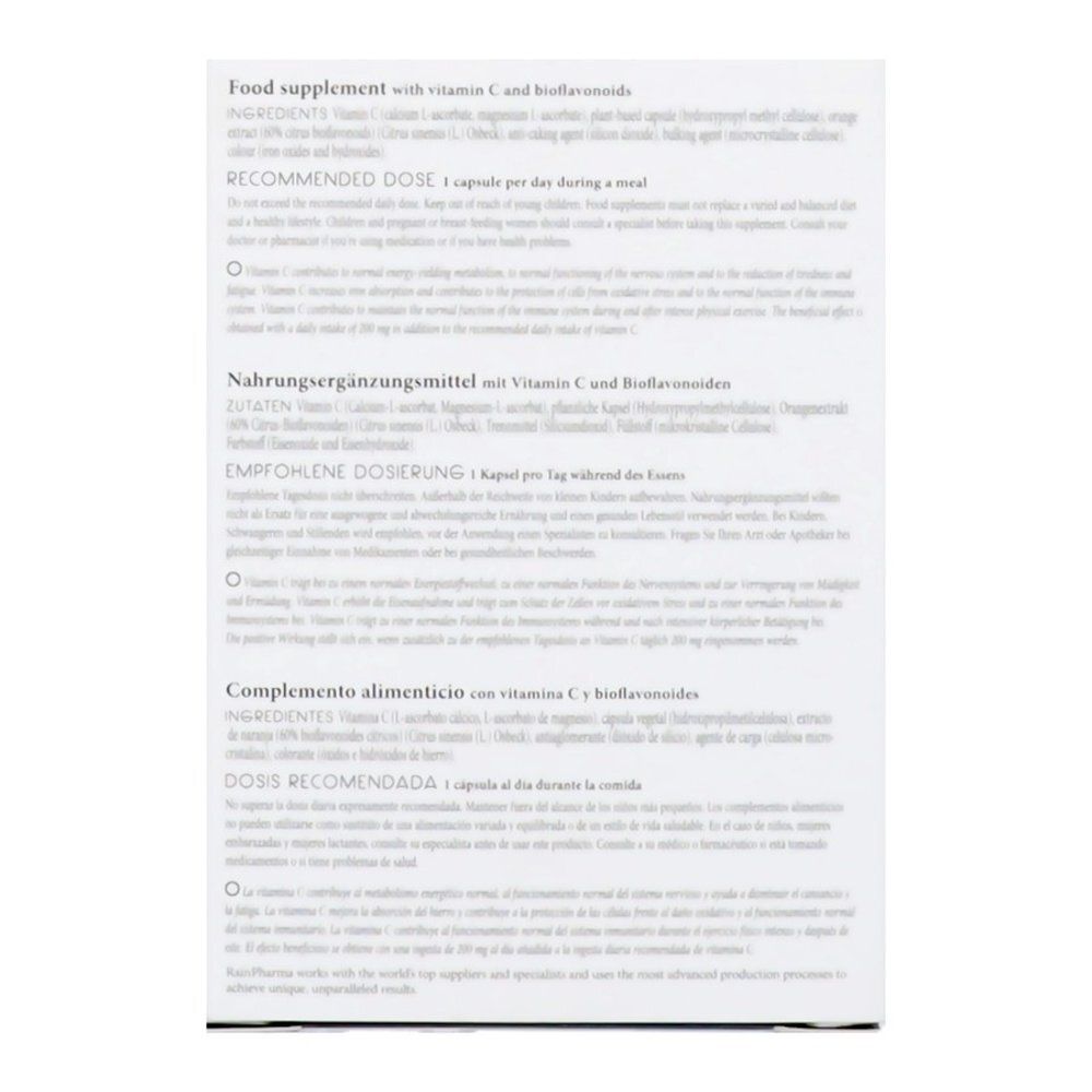 Emballage Rainpharma Vitamine C, verso avec ingrédients et dosage.