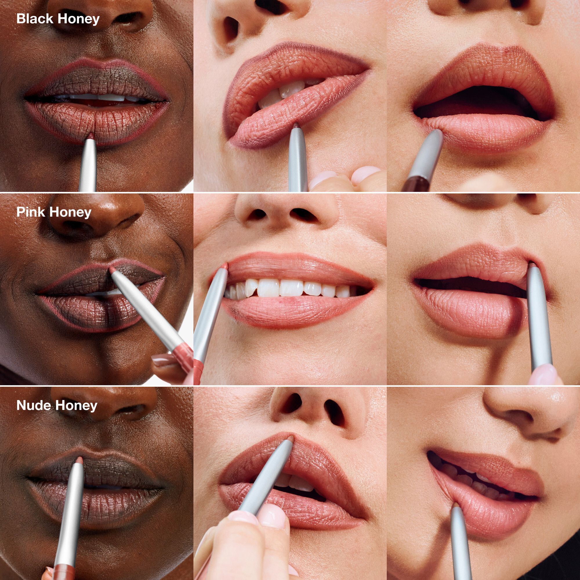 Plusieurs femmes utilisant Clinique Quickliner™ For Lips. Différents tons de peau et couleurs de lèvres.