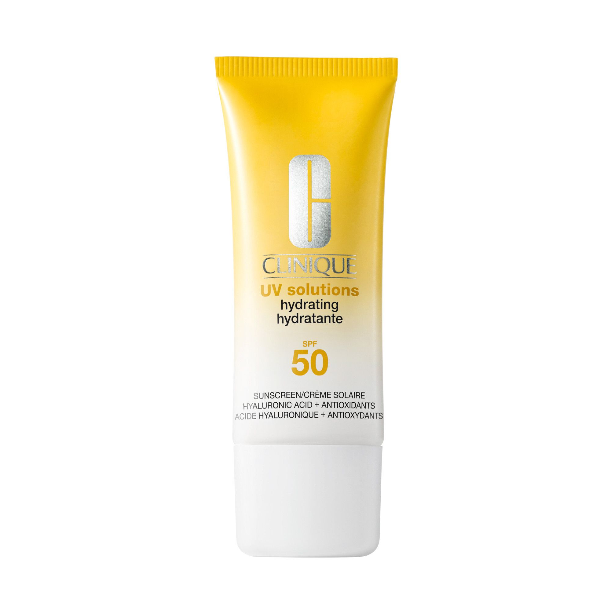 Tube jaune et bouchon blanc. Inscription: Clinique UV solutions hydrating hydratante SPF 50. Crème solaire.
