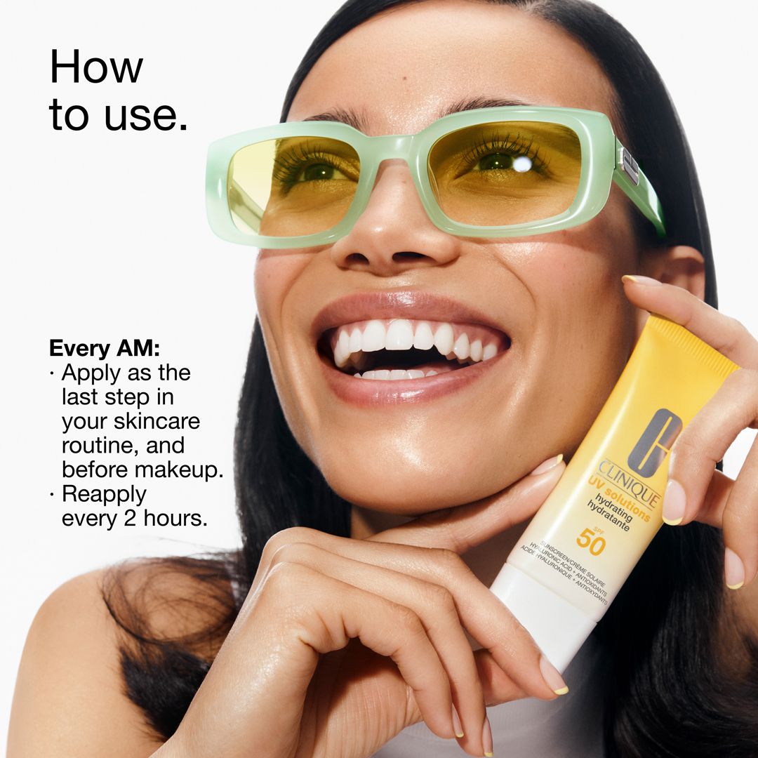 Femme avec des lunettes de soleil tenant un tube. Inscription: Clinique UV solutions hydrating hydratante SPF 50.
