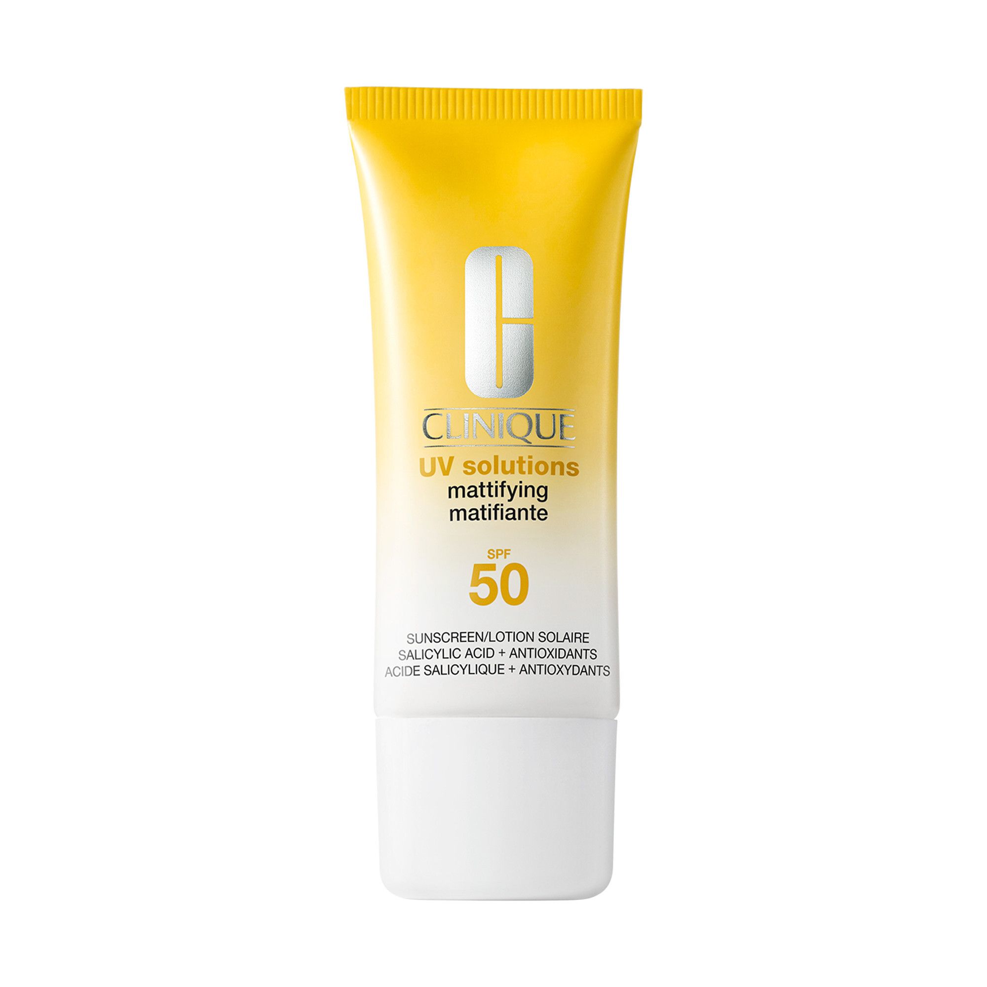 Tube jaune Clinique UV Solutions, crème solaire matifiante SPF 50. Bouchon blanc, logo et texte.