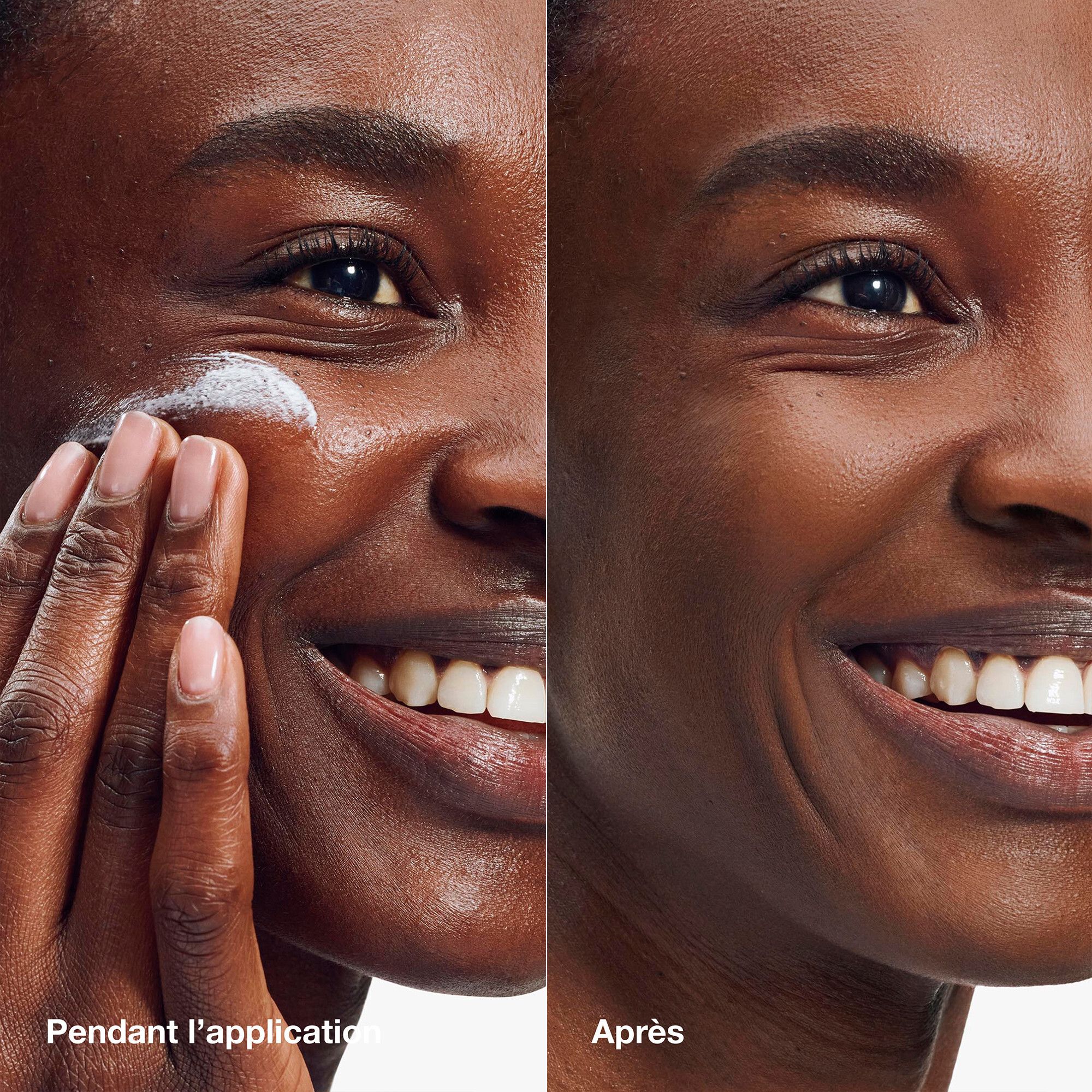 Visage appliquant de la crème solaire. Comparaison avant/après. La peau semble plus lisse.