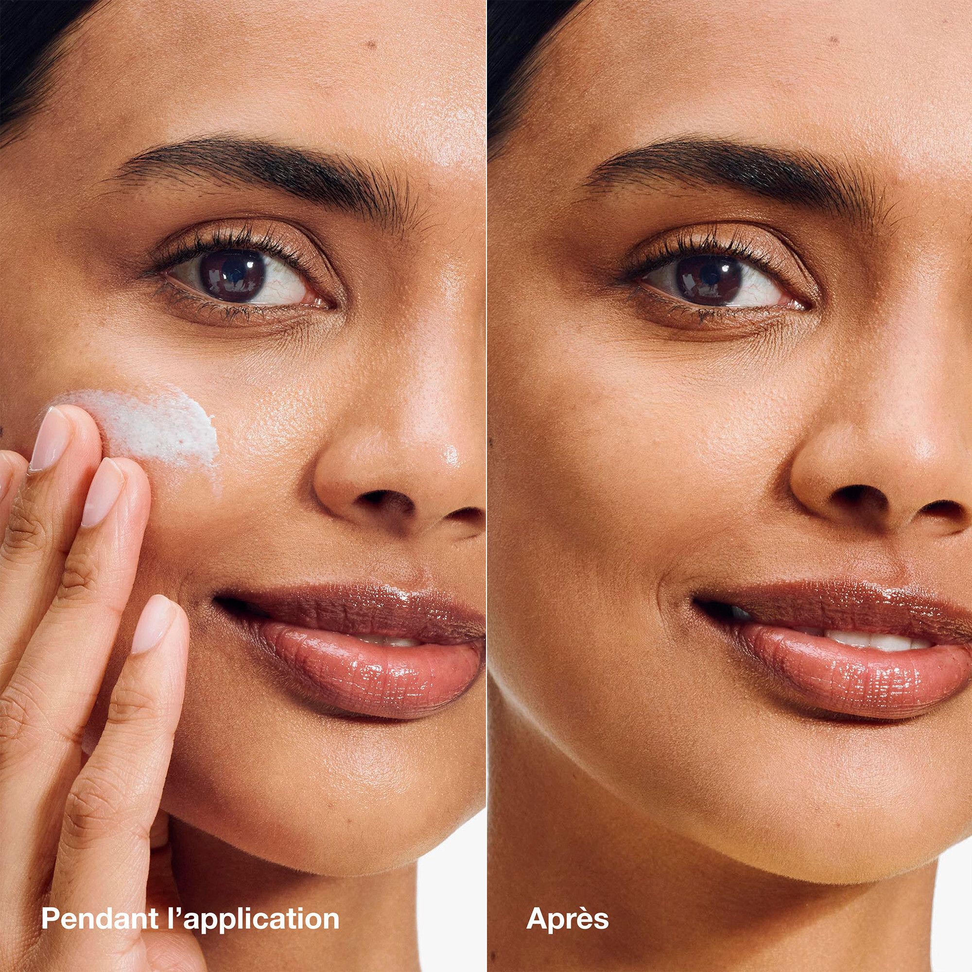 Visage appliquant de la crème solaire. Comparaison avant/après. La peau semble plus lisse.