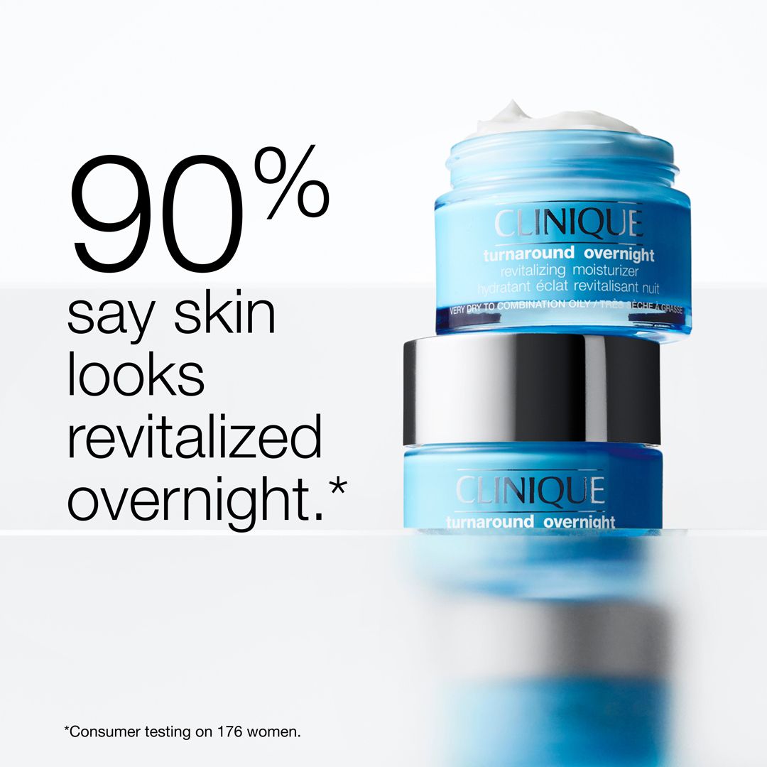 Trois pots Clinique Turnaround Overnight. Texte: 90% disent que la peau paraît revitalisée du jour au lendemain.