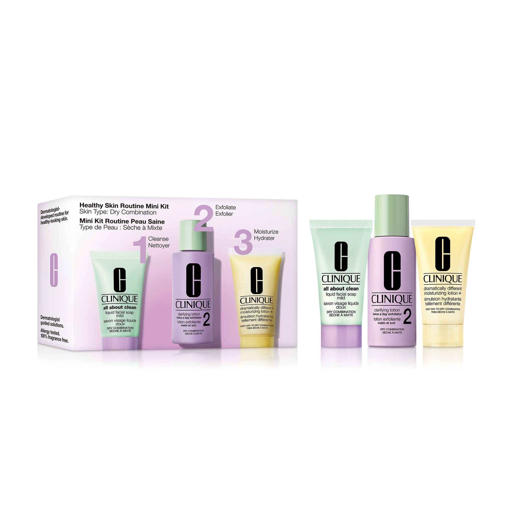 Mini-kit Routine Peau Saine. Contient nettoyant, exfoliant et hydratant. Pour peaux sèches à mixtes. Produits en tubes et flacons.