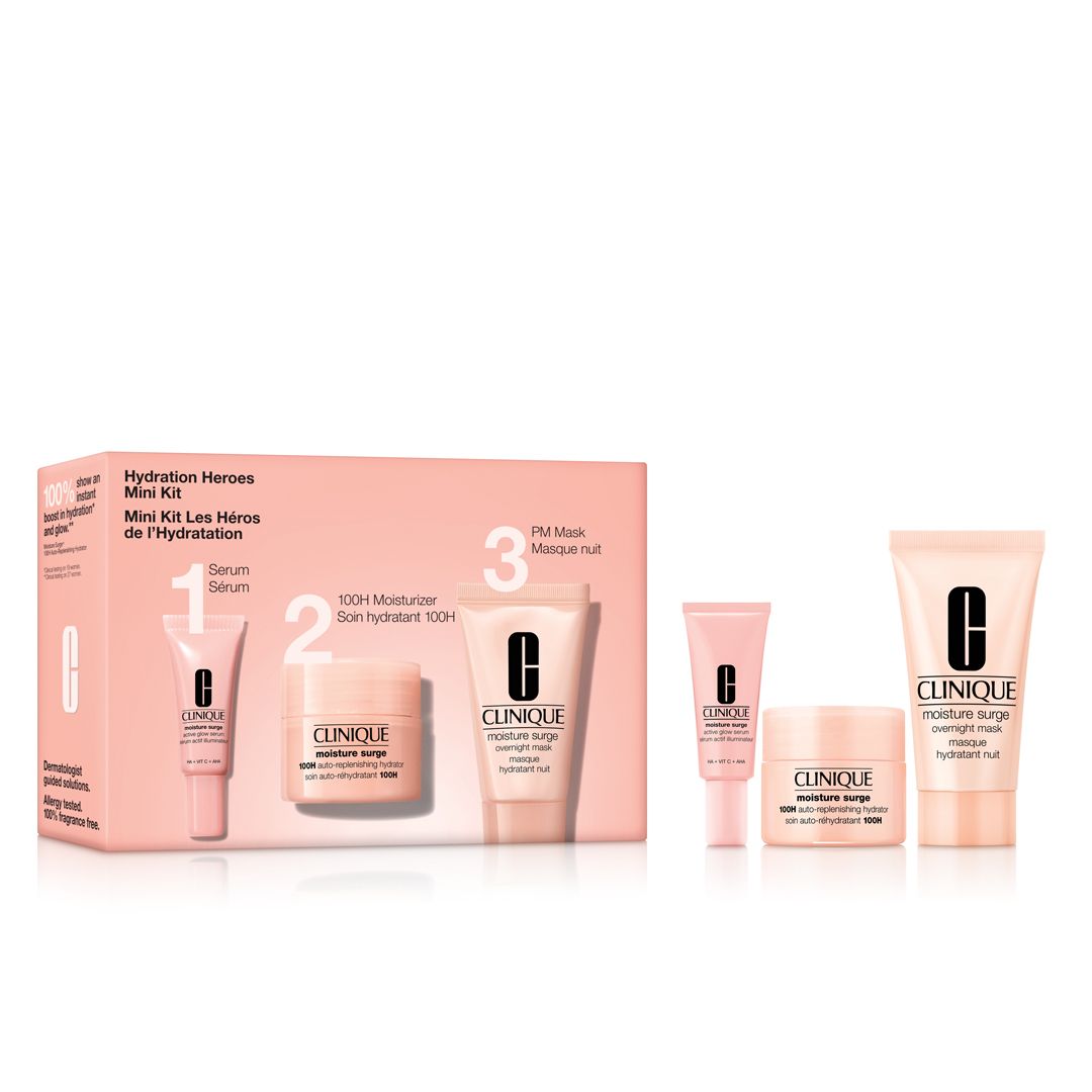 Kit Clinique Mini Les Héros de l'Hydratation. Contient sérum, 100H Moisturizer et PM Mask. Emballage rose.