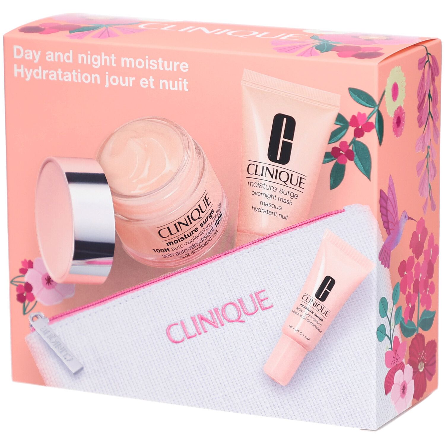 Coffret cadeau Clinique. Contient pot, tubes et trousse. Emballage à motifs floraux, rose et blanc.