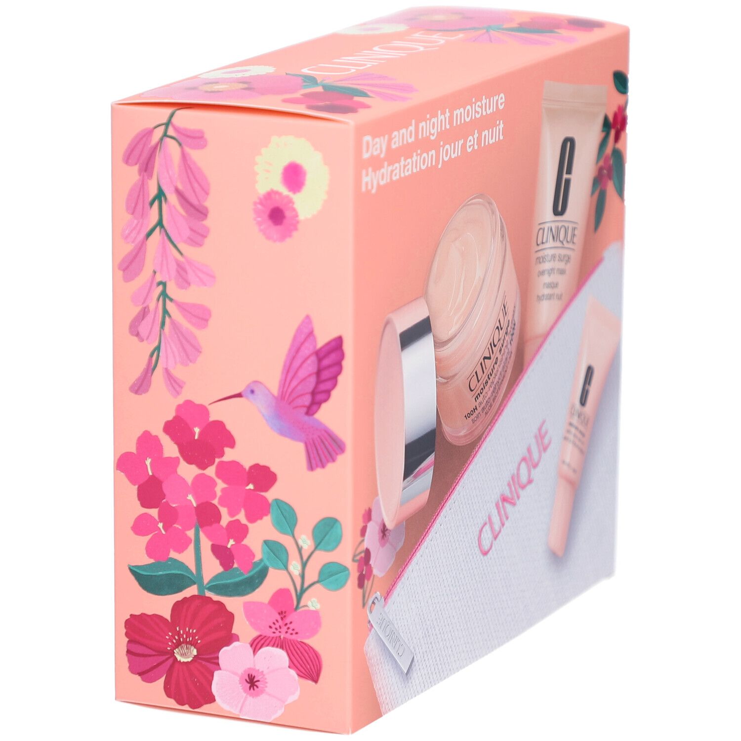 Coffret cadeau Clinique. Emballage rose avec fleurs et oiseau. Produits partiellement visibles.