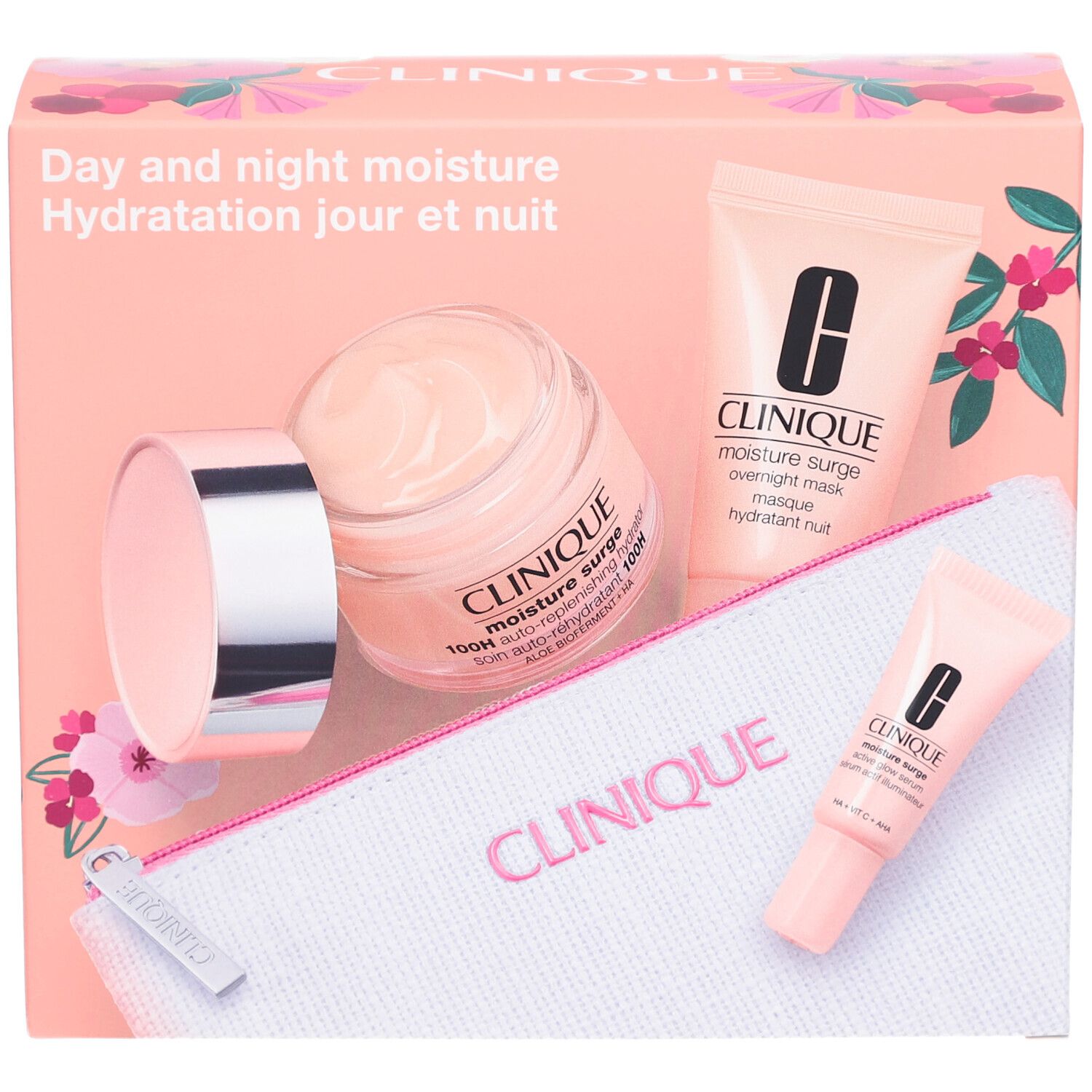 Coffret cadeau Clinique. Contient pot, tubes et trousse. Rose et blanc.