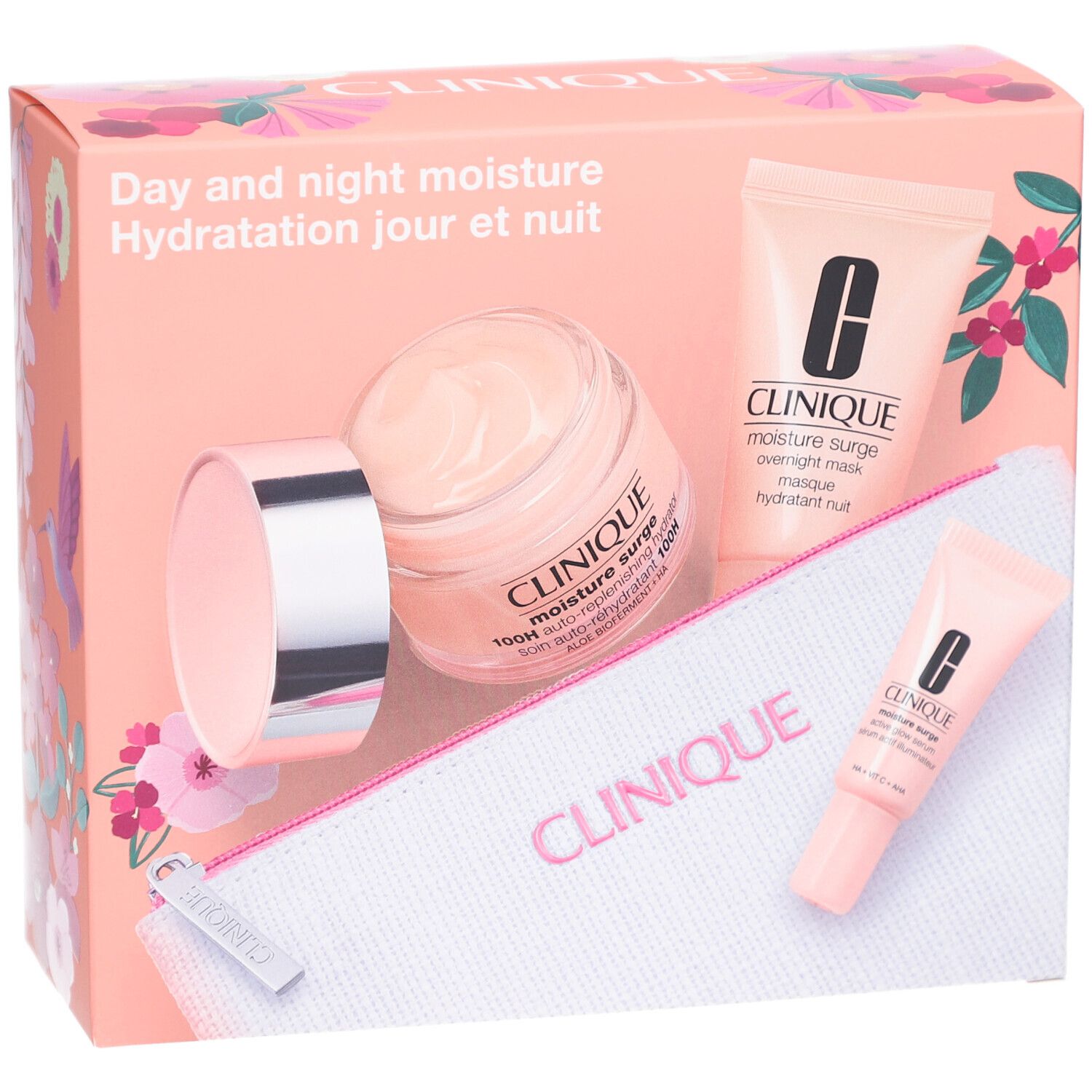 Coffret cadeau Clinique. Contient pot, tubes et trousse. Rose et blanc.