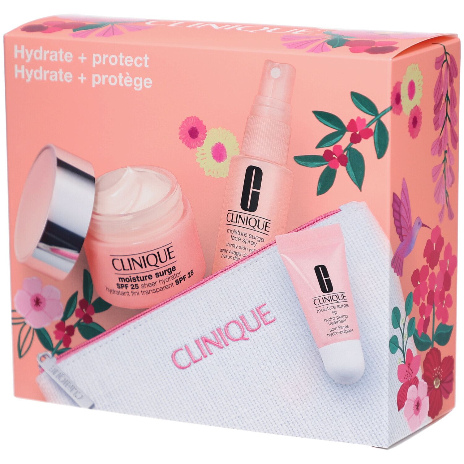 Coffret cadeau avec produits. Contient crème, spray, soin lèvres et trousse. Emballage à motifs floraux et lettrage.