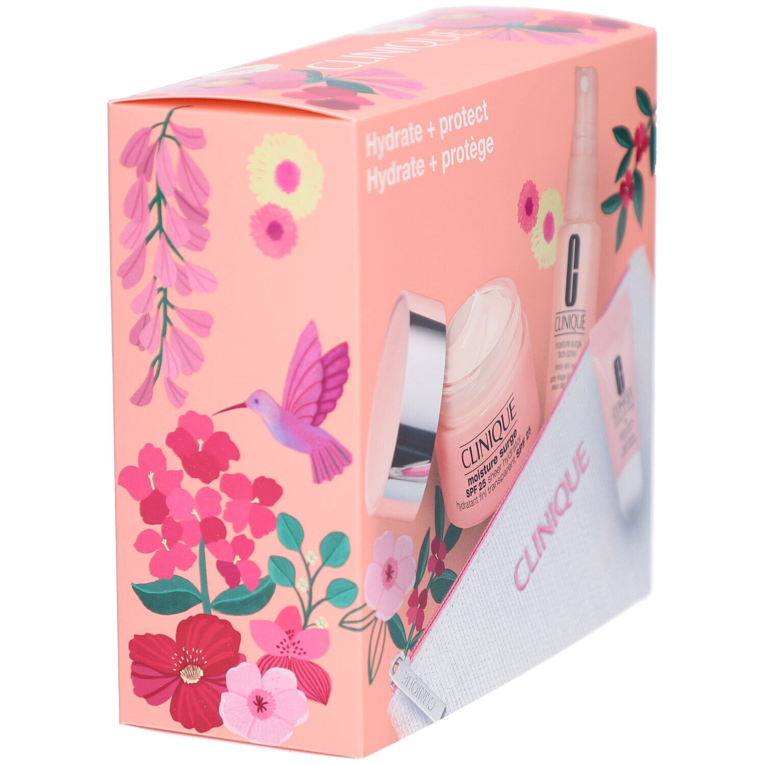 Coffret cadeau avec produits. Boîte rose à motifs floraux et lettrage. Contient crème, spray, soin lèvres et trousse.