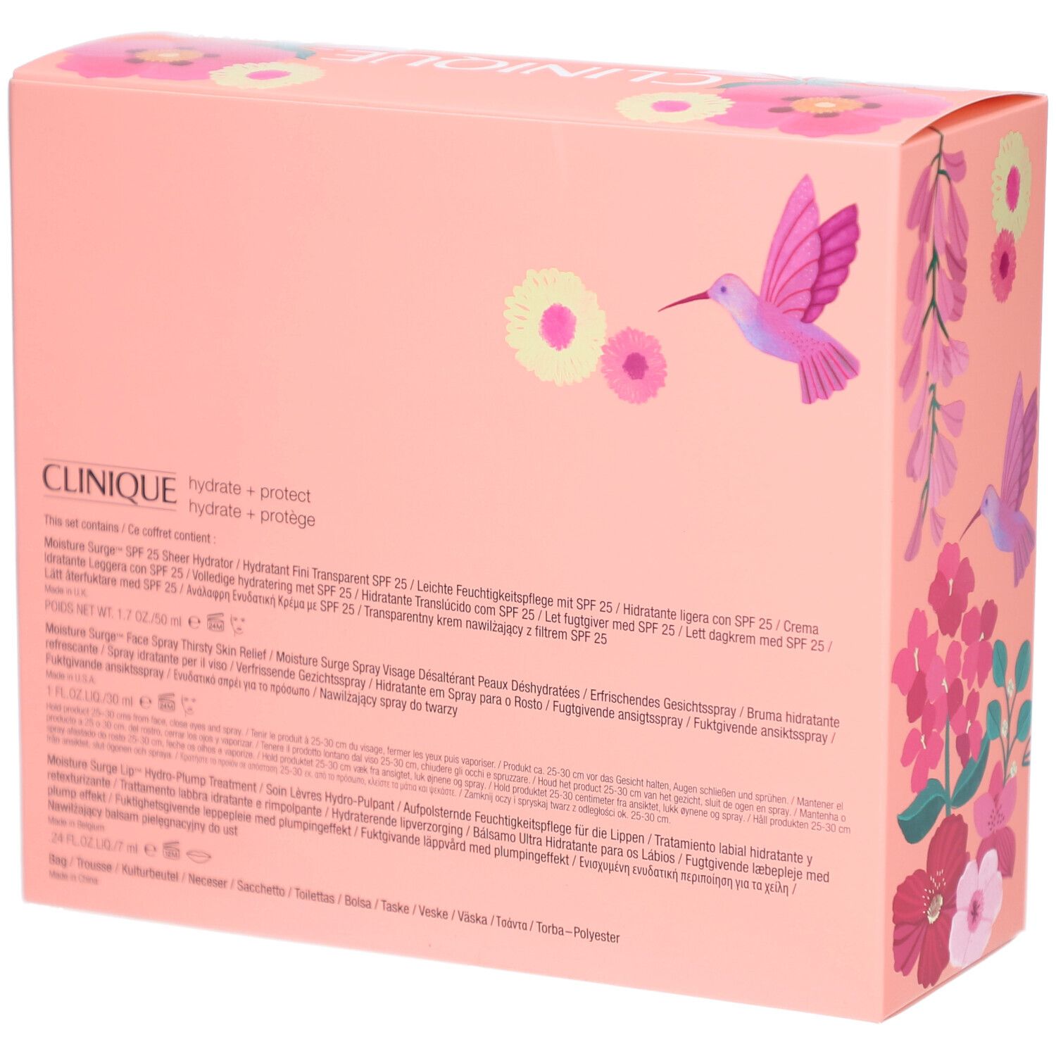 Dos du coffret cadeau. Boîte rose avec informations sur le produit et motifs floraux. Texte en plusieurs langues.