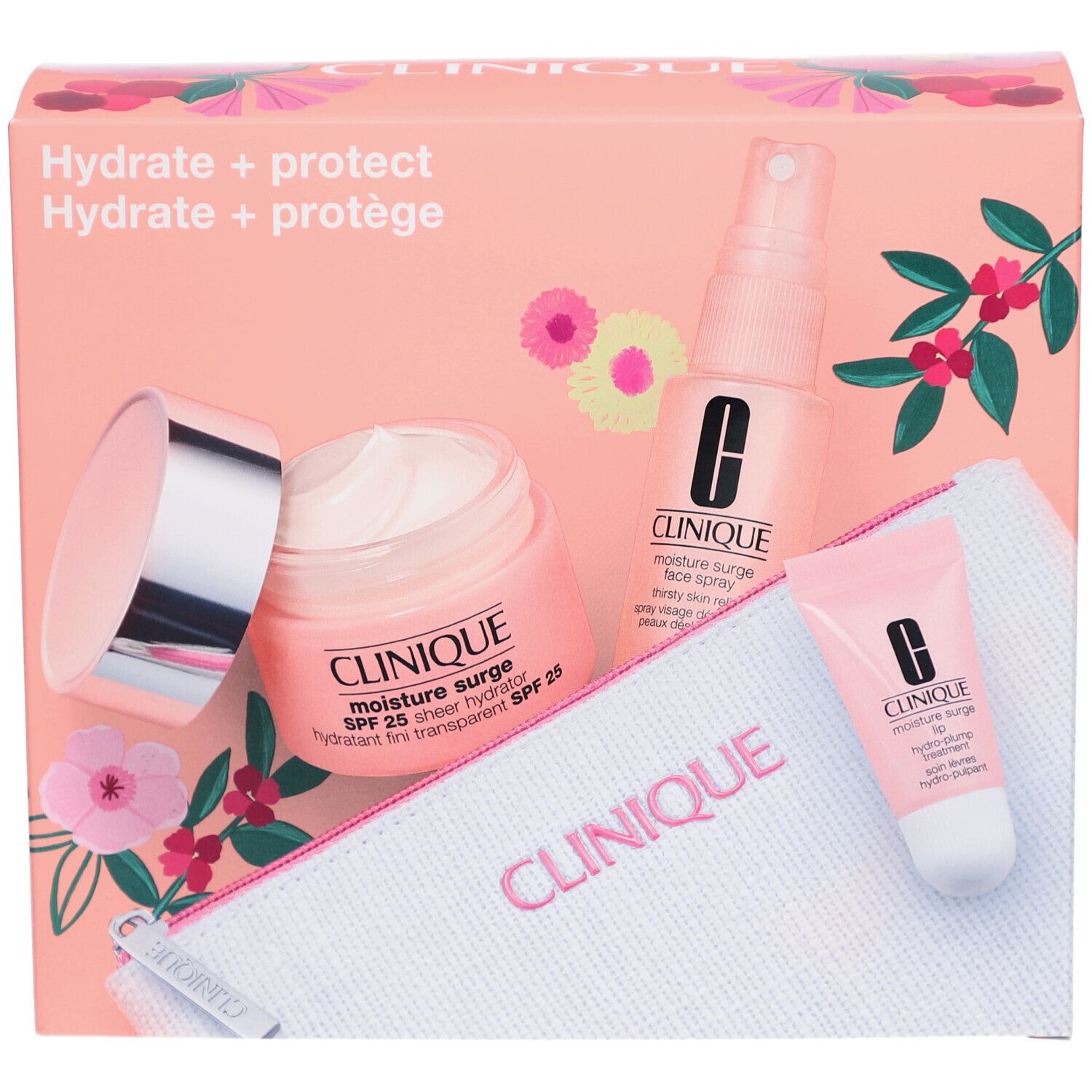 Coffret cadeau avec produits. Contient crème, spray, soin lèvres et trousse. Emballage rose avec lettrage.