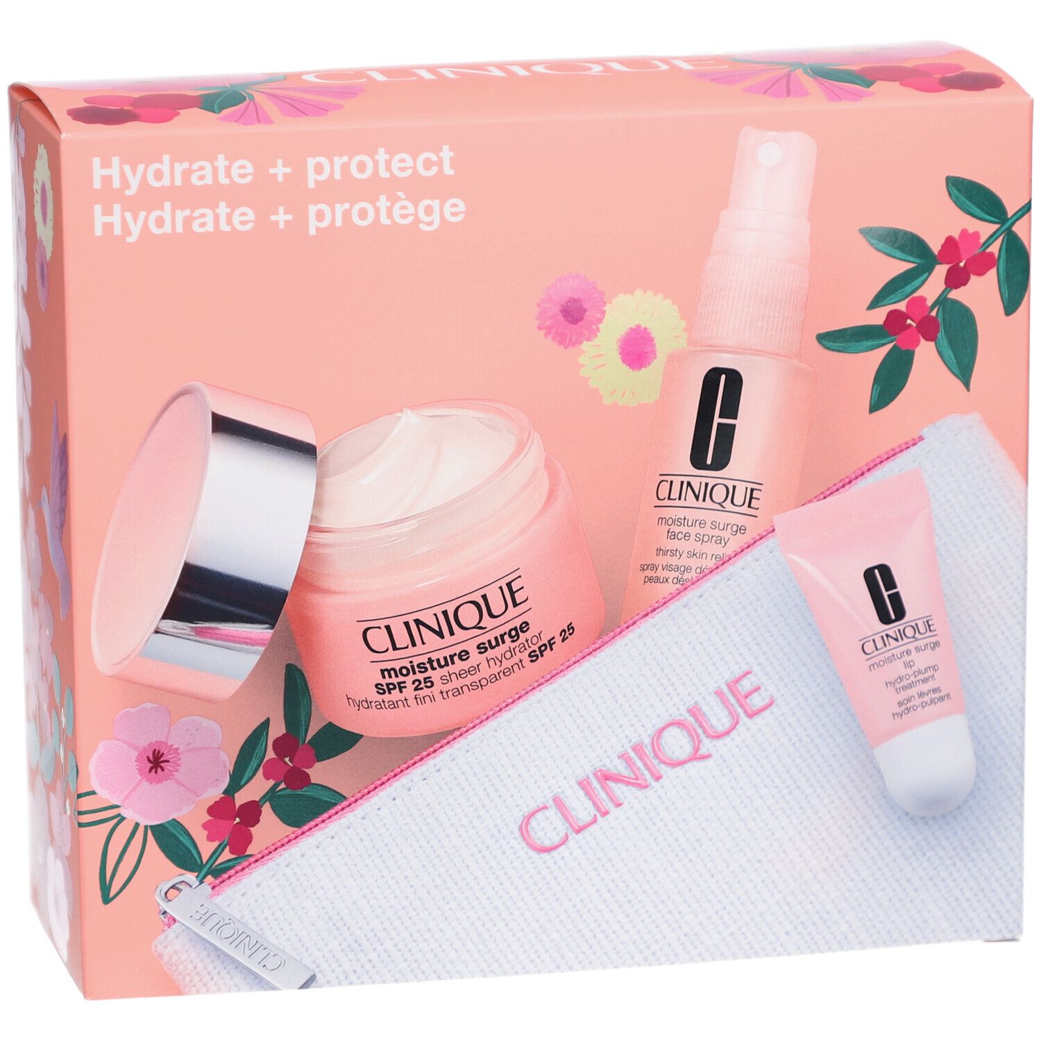 Coffret cadeau avec produits. Contient crème, spray, soin lèvres et trousse. Emballage rose avec lettrage.
