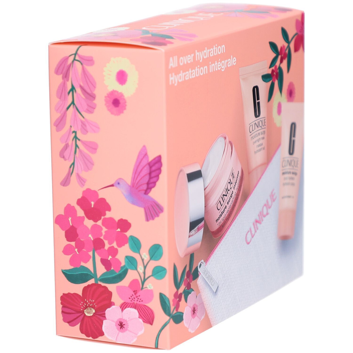 Boîte cadeau rose avec motifs floraux. Contient des produits. Inscriptions: Clinique, Moisture Surge, Hydratation intégrale.