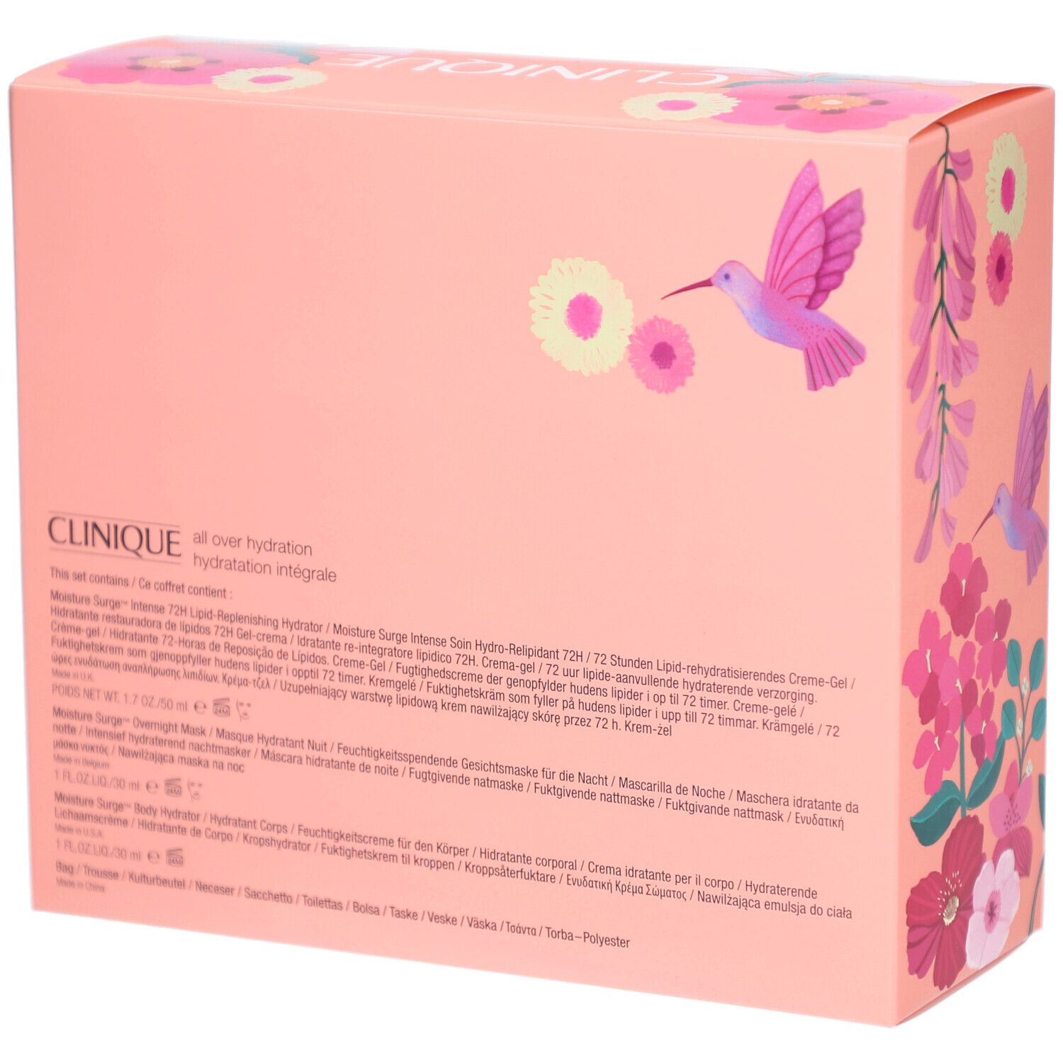 Dos du coffret cadeau rose. Texte: Clinique, Moisture Surge, Hydratation intégrale. Descriptions multilingues.
