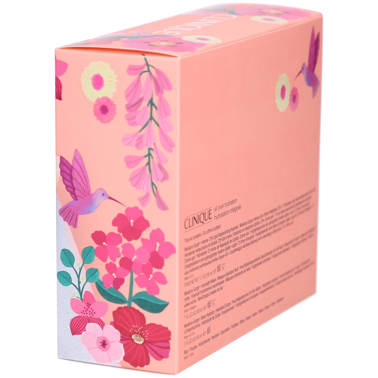 Boîte cadeau rose avec motifs floraux. Texte: Clinique, Moisture Surge, Hydratation intégrale. Descriptions de produits.