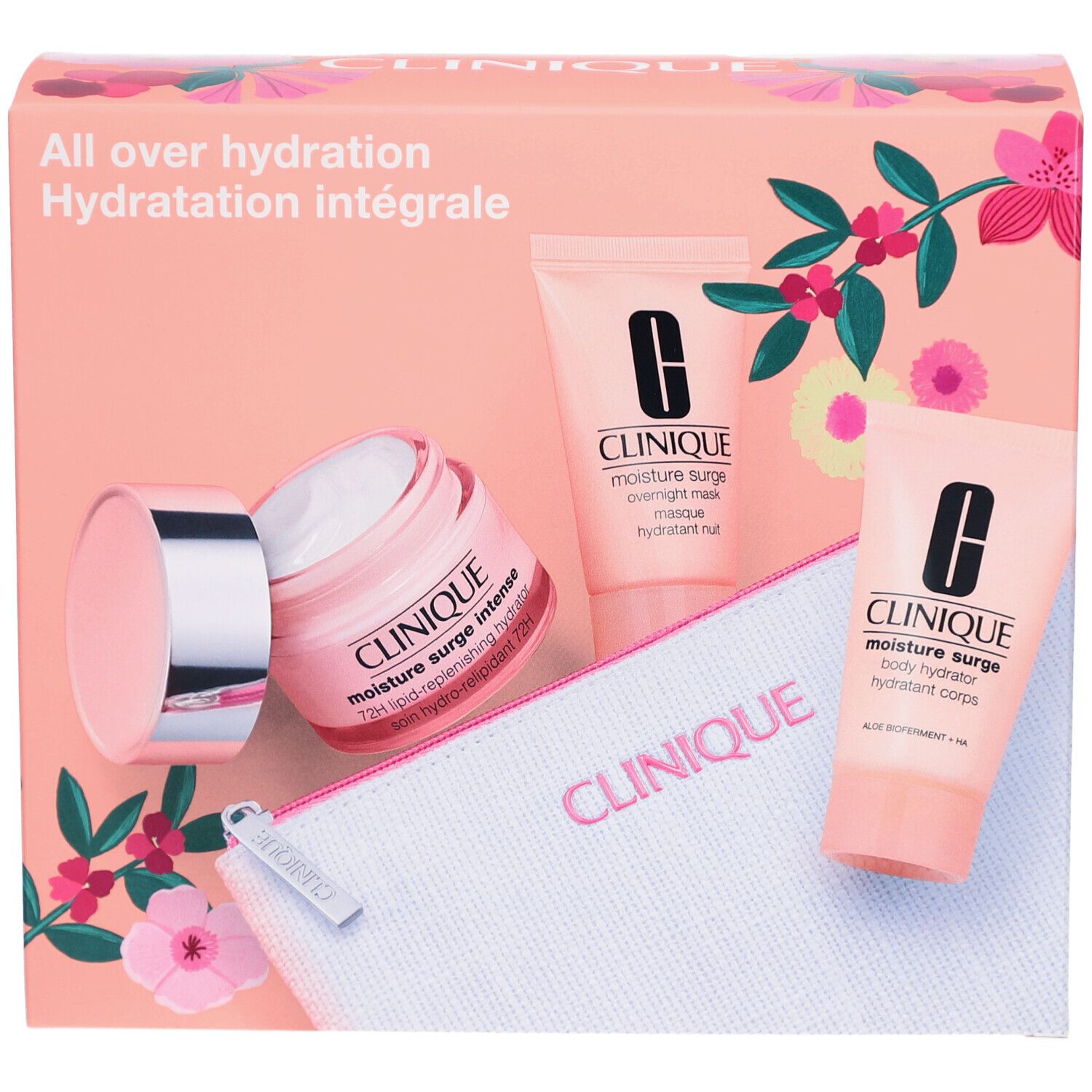 Coffret cadeau rose. Contient crème, deux tubes, trousse. Inscriptions: Clinique, Moisture Surge, Hydratation intégrale.
