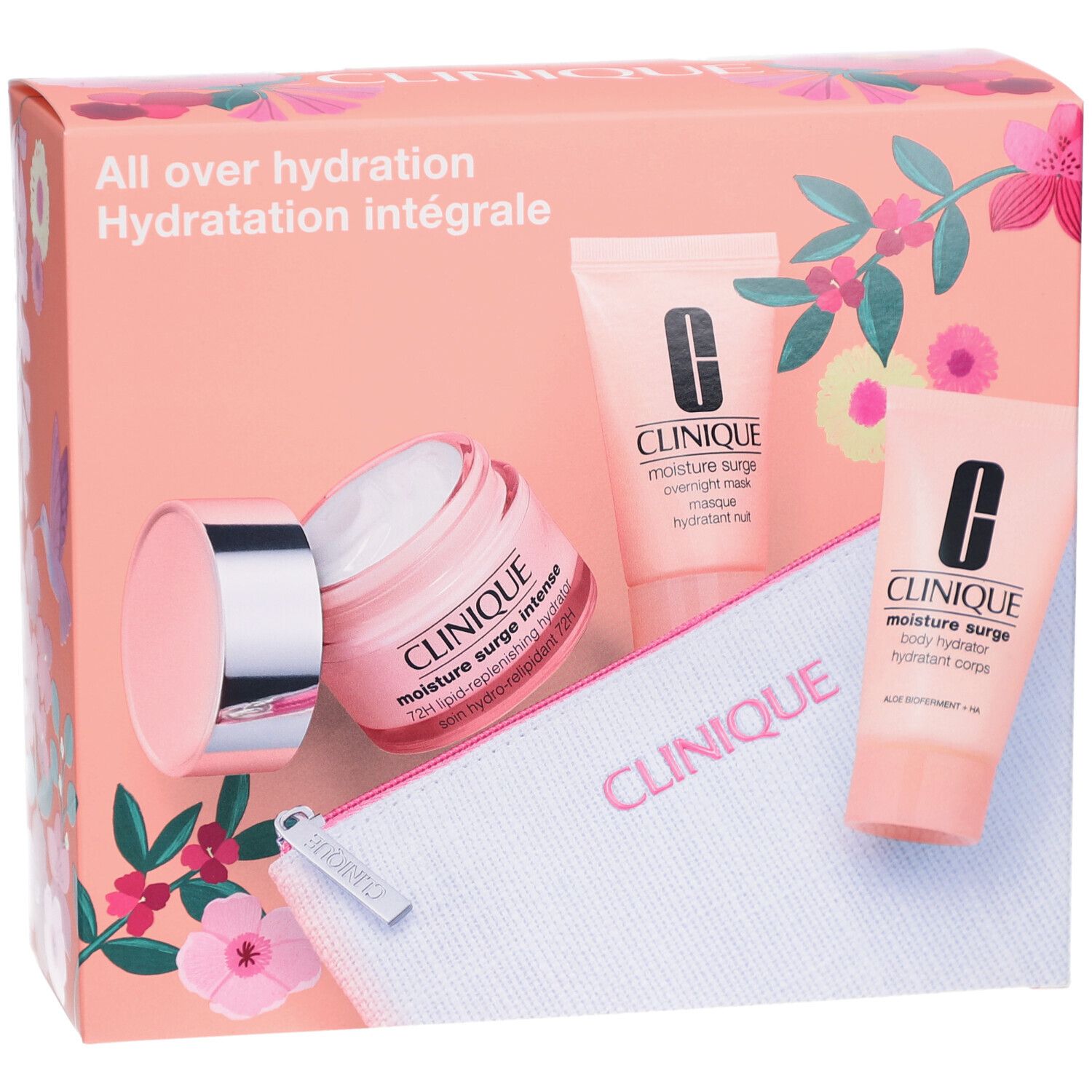 Coffret cadeau rose. Contient crème, deux tubes, trousse. Inscriptions: Clinique, Moisture Surge, Hydratation intégrale.