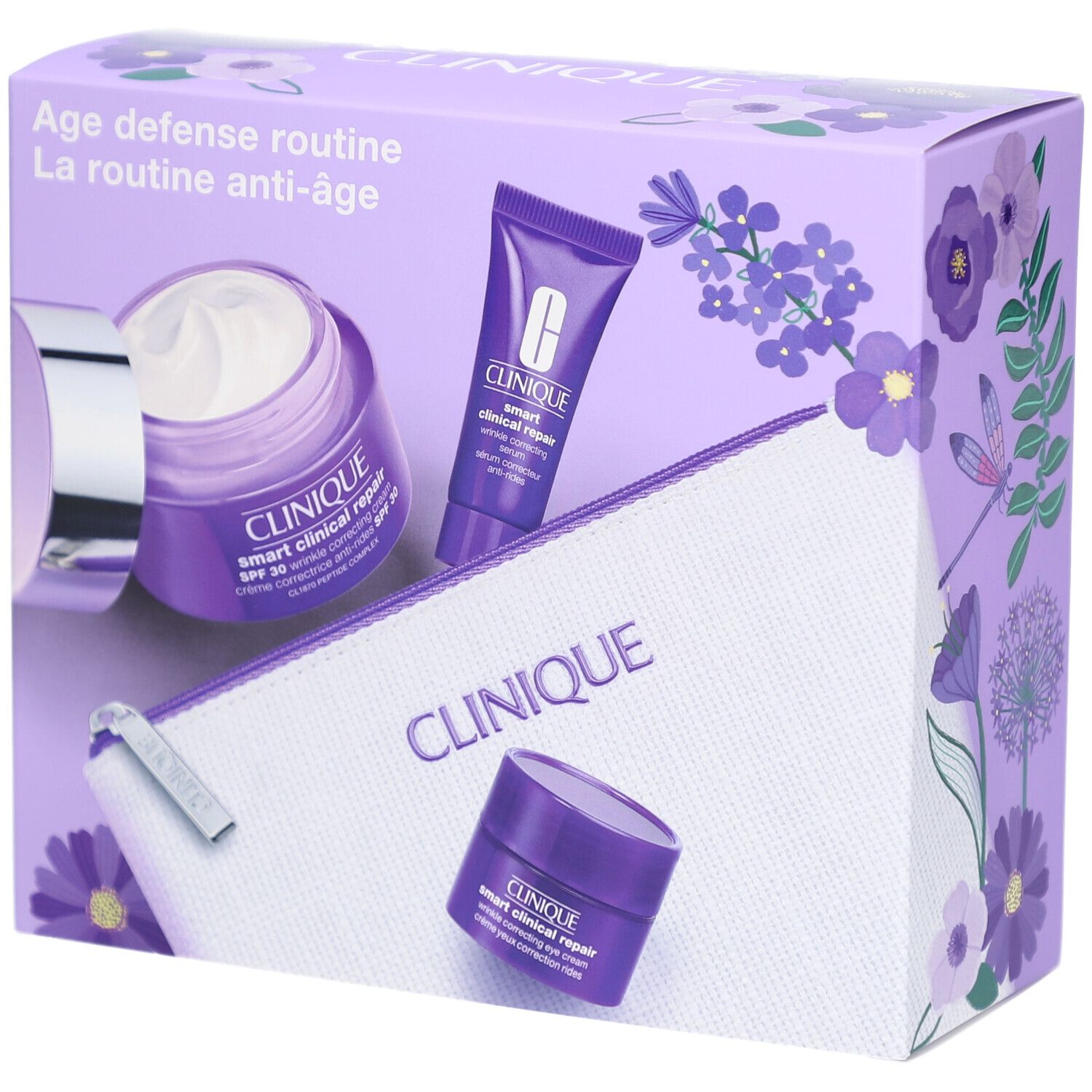 Coffret cadeau Clinique avec crèmes et trousse. Emballage violet avec visuels produits.