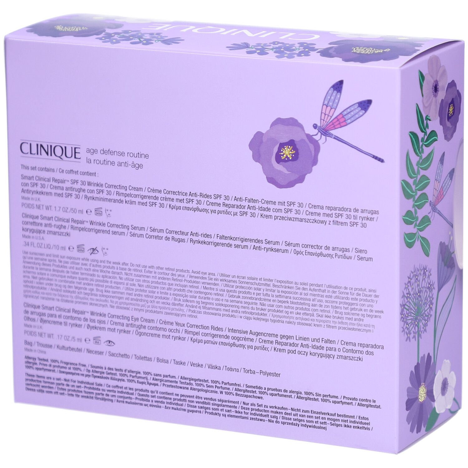 Dos de la boîte cadeau violette. Texte avec noms et ingrédients des produits. Clinique.