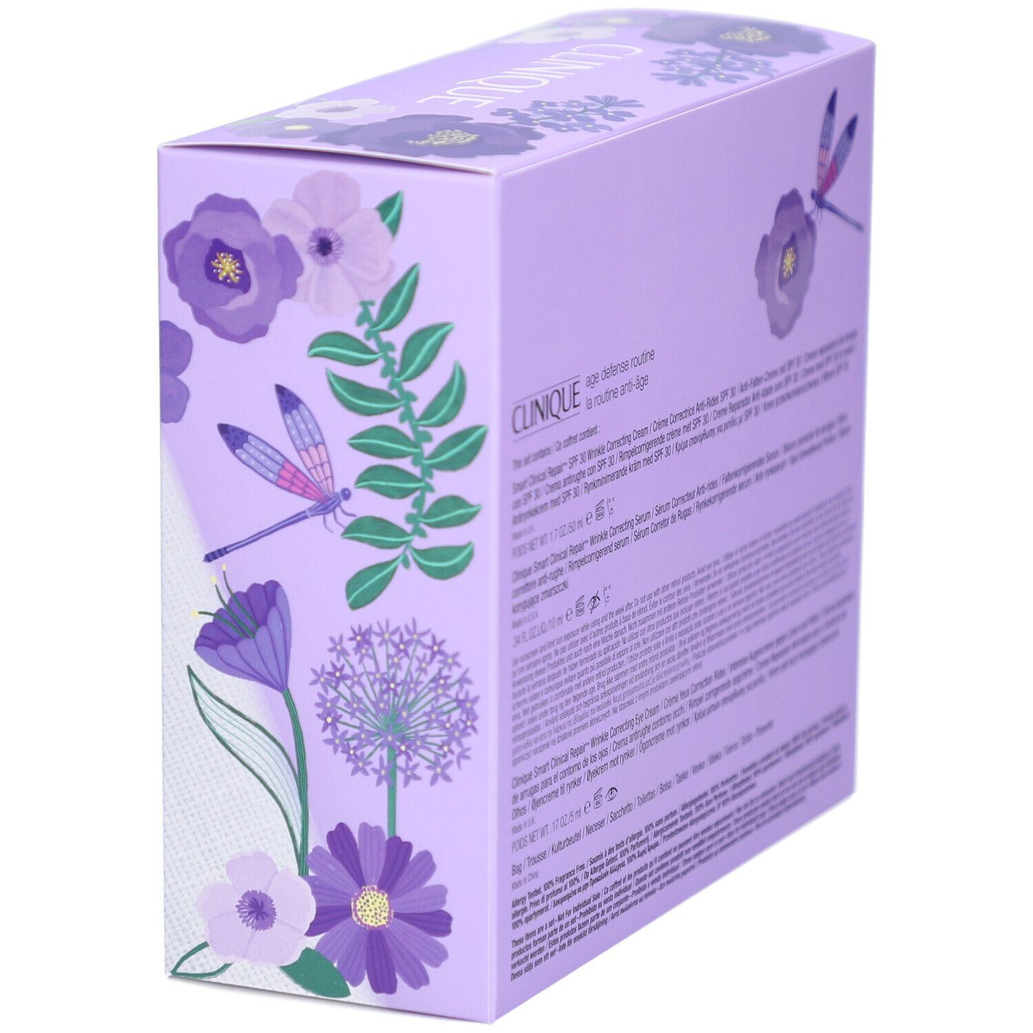 Boîte cadeau violette avec noms et ingrédients. Vue en angle. Marque Clinique.