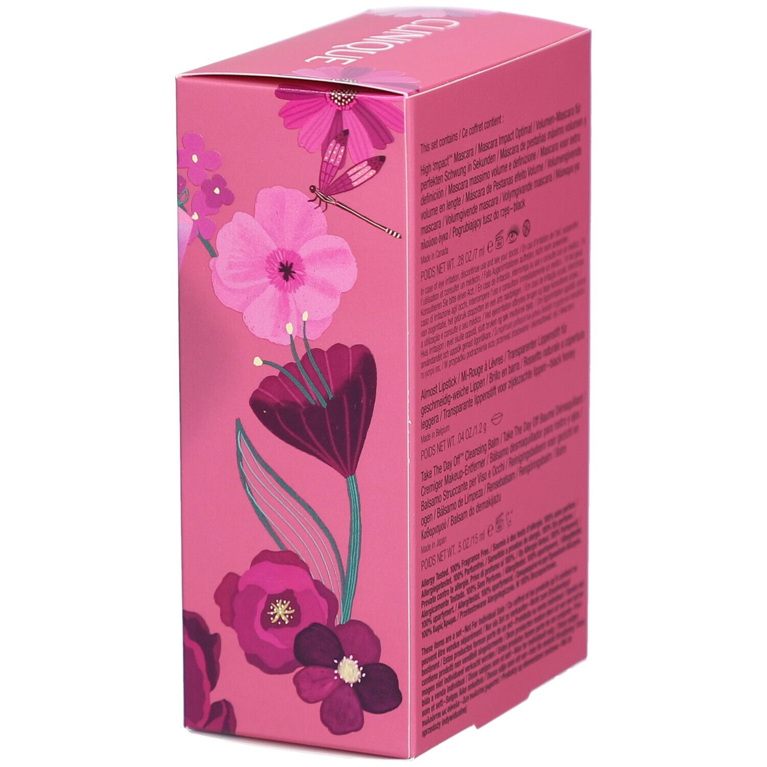 Vue latérale du coffret rose Clinique. Textes: High Impact Mascara, Almond Lipstick, Take The Day Off Cleansing Balm.