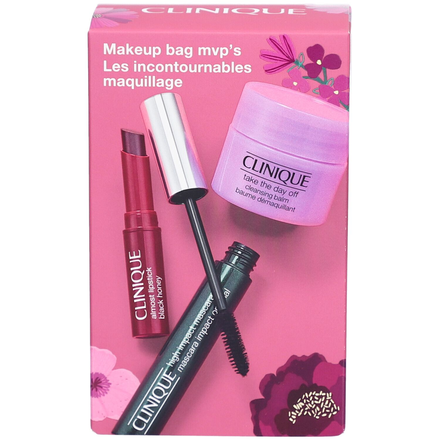 Coffret rose Clinique avec mascara, rouge à lèvres et baume nettoyant. Texte: Makeup bag mvp's, Les incontournables maquillage.