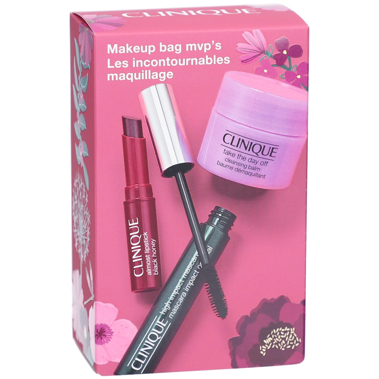 Coffret rose Clinique avec mascara, rouge à lèvres et baume nettoyant. Texte: Makeup bag mvp's, Les incontournables maquillage.