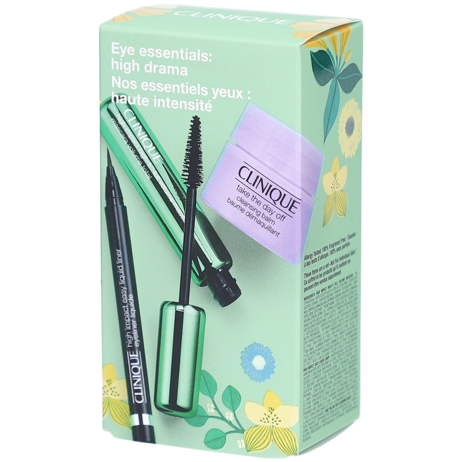 Coffret cadeau Clinique. Contient eyeliner, mascara et démaquillant. Emballage vert clair avec motifs floraux.