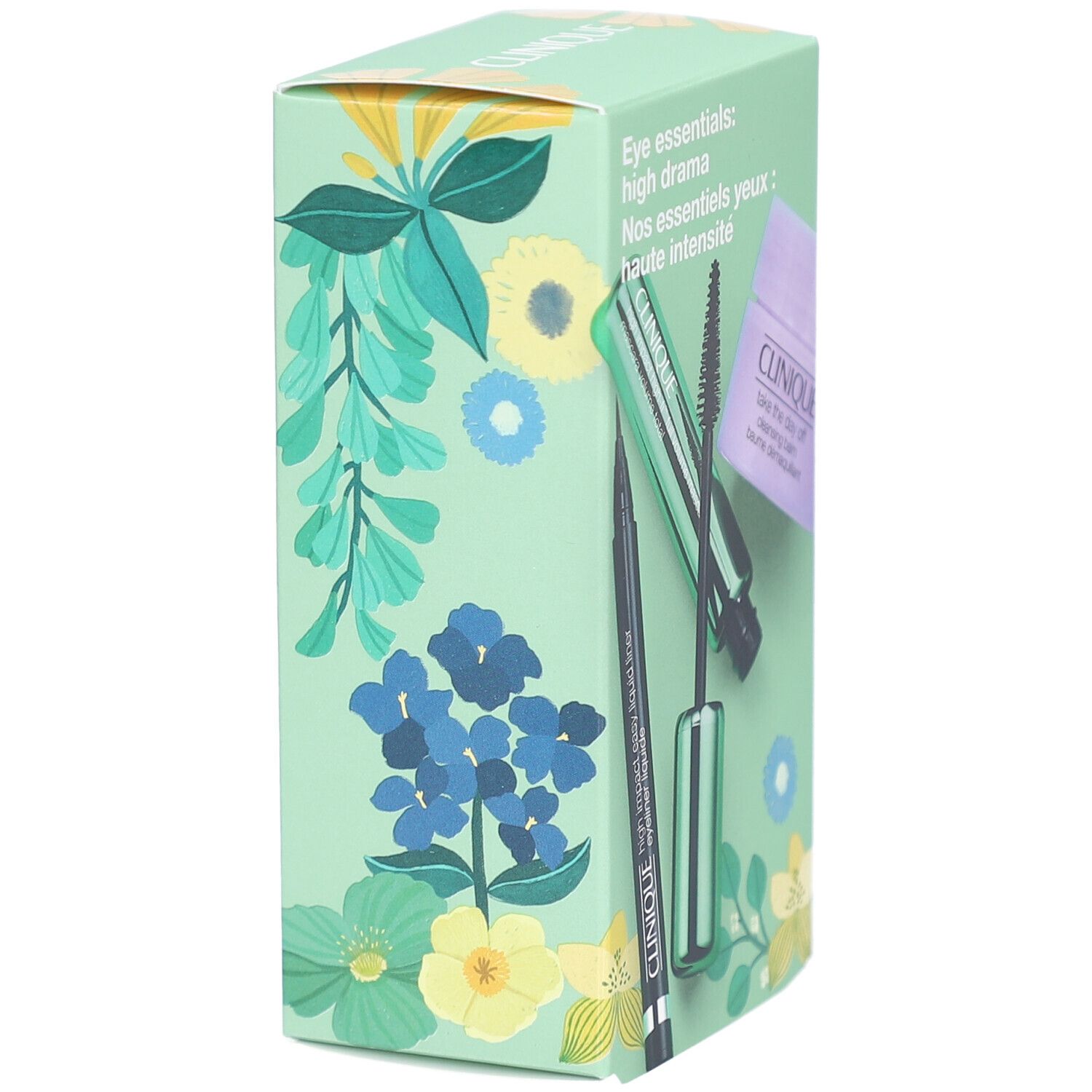 Vue latérale de la boîte cadeau Clinique. Motifs floraux. Contient eyeliner, mascara et démaquillant.