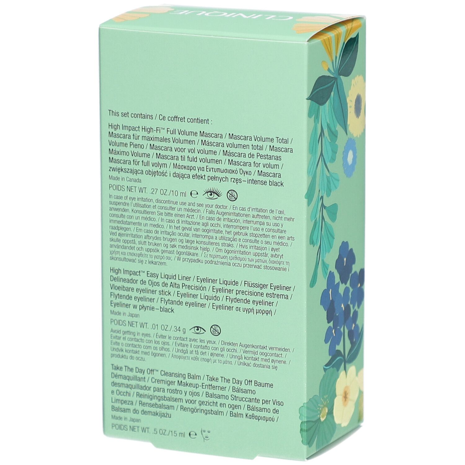 Dos de la boîte cadeau avec informations produit et ingrédients. Texte multilingue.