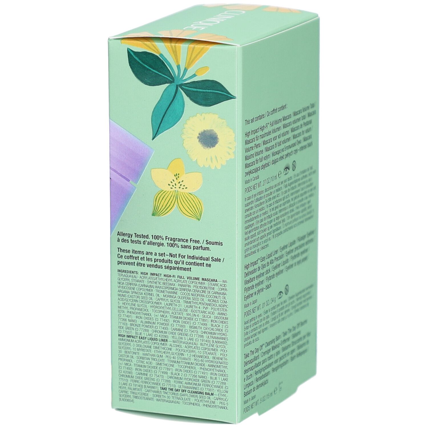 Dos de la boîte cadeau avec informations produit et ingrédients. Texte multilingue.