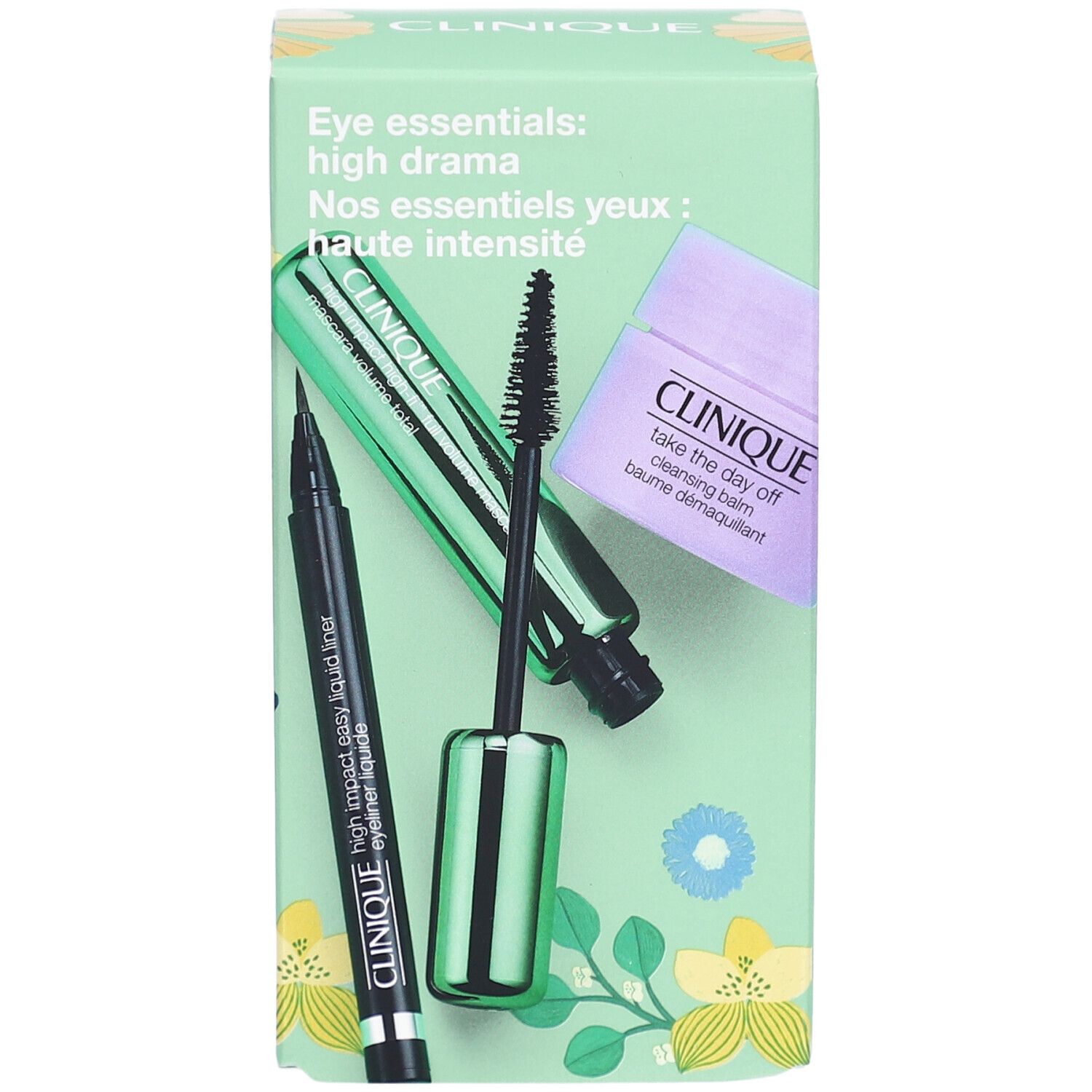 Coffret cadeau Clinique. Contient eyeliner, mascara et démaquillant. Emballage vert clair avec motifs floraux.