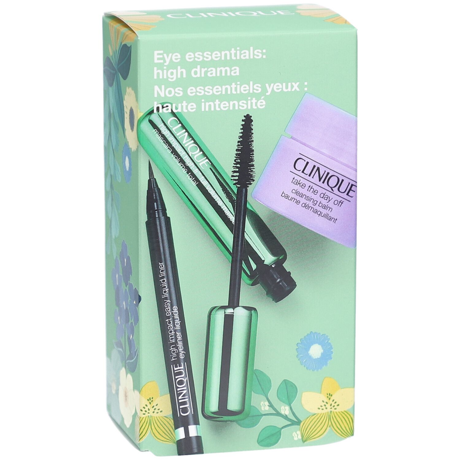 Coffret cadeau Clinique. Contient eyeliner, mascara et démaquillant. Emballage vert clair avec motifs floraux.