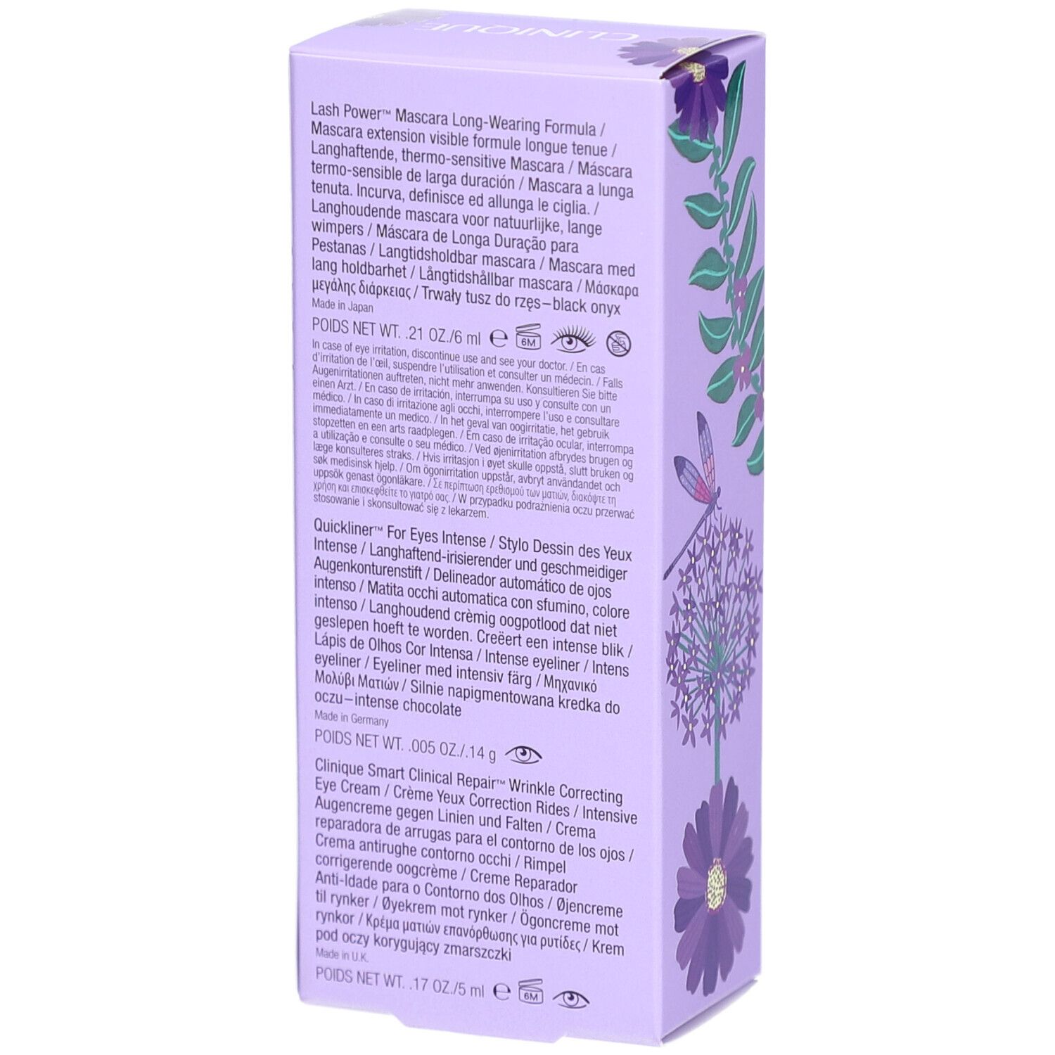 Dos du coffret violet. Texte: ingrédients, noms de produits, poids. Logo Clinique et noms de produits.