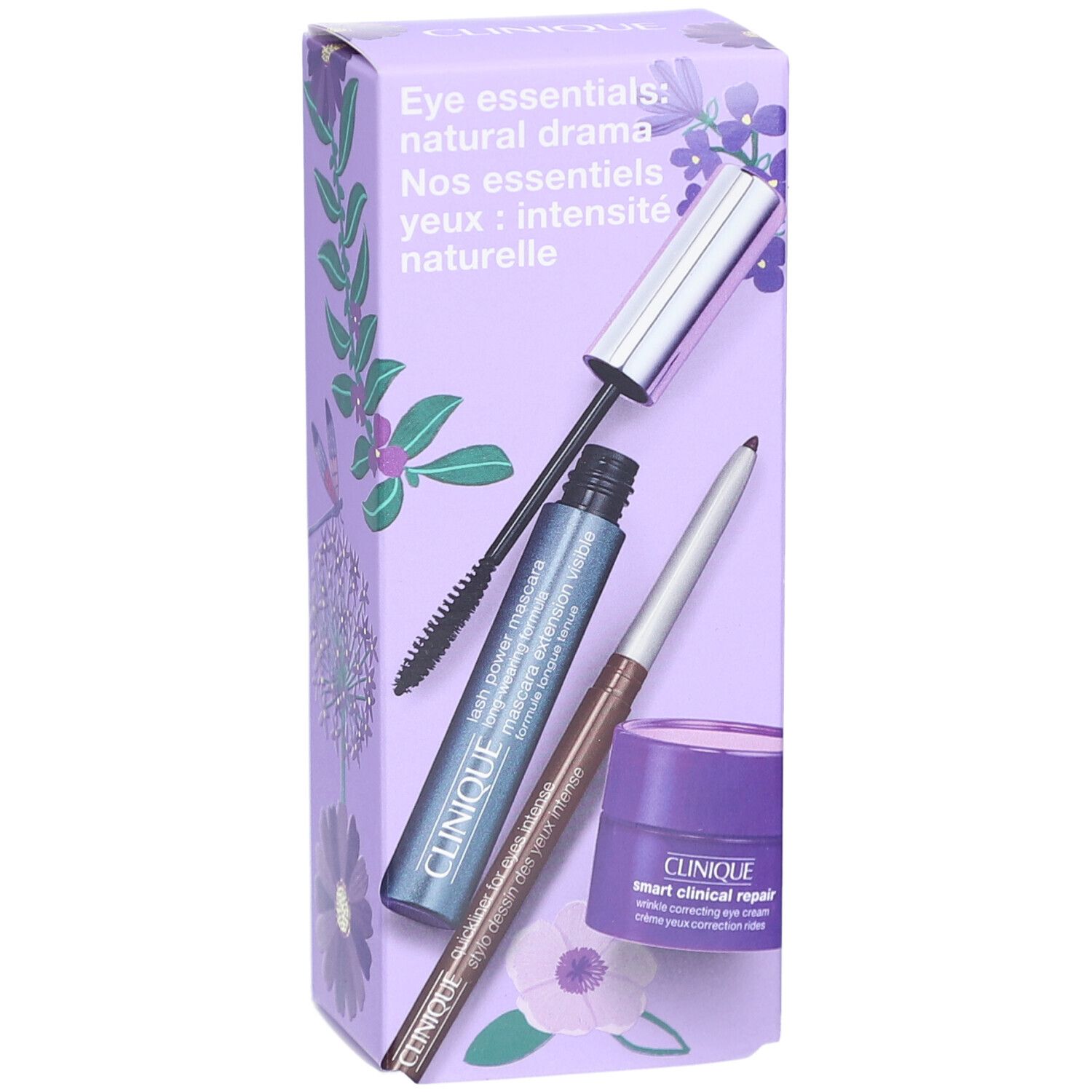 Coffret violet avec mascara, eyeliner et crème pour les yeux. Inscription: Eye essentials: natural drama. Logo Clinique visible.