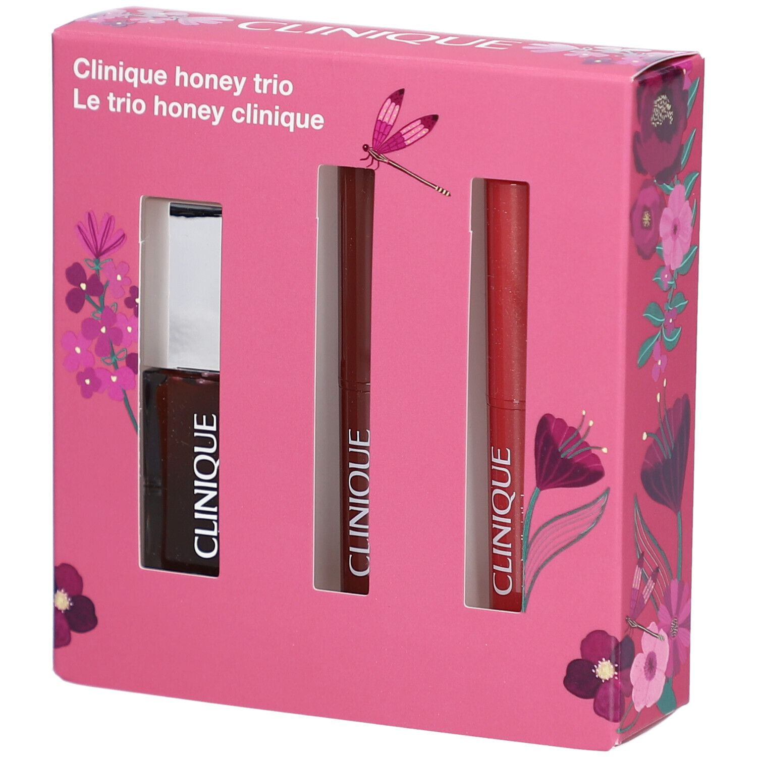 Coffret rose Clinique Honey Trio. Contient un gloss et deux rouges à lèvres. Inscription "Clinique honey trio" sur le devant du coffret.