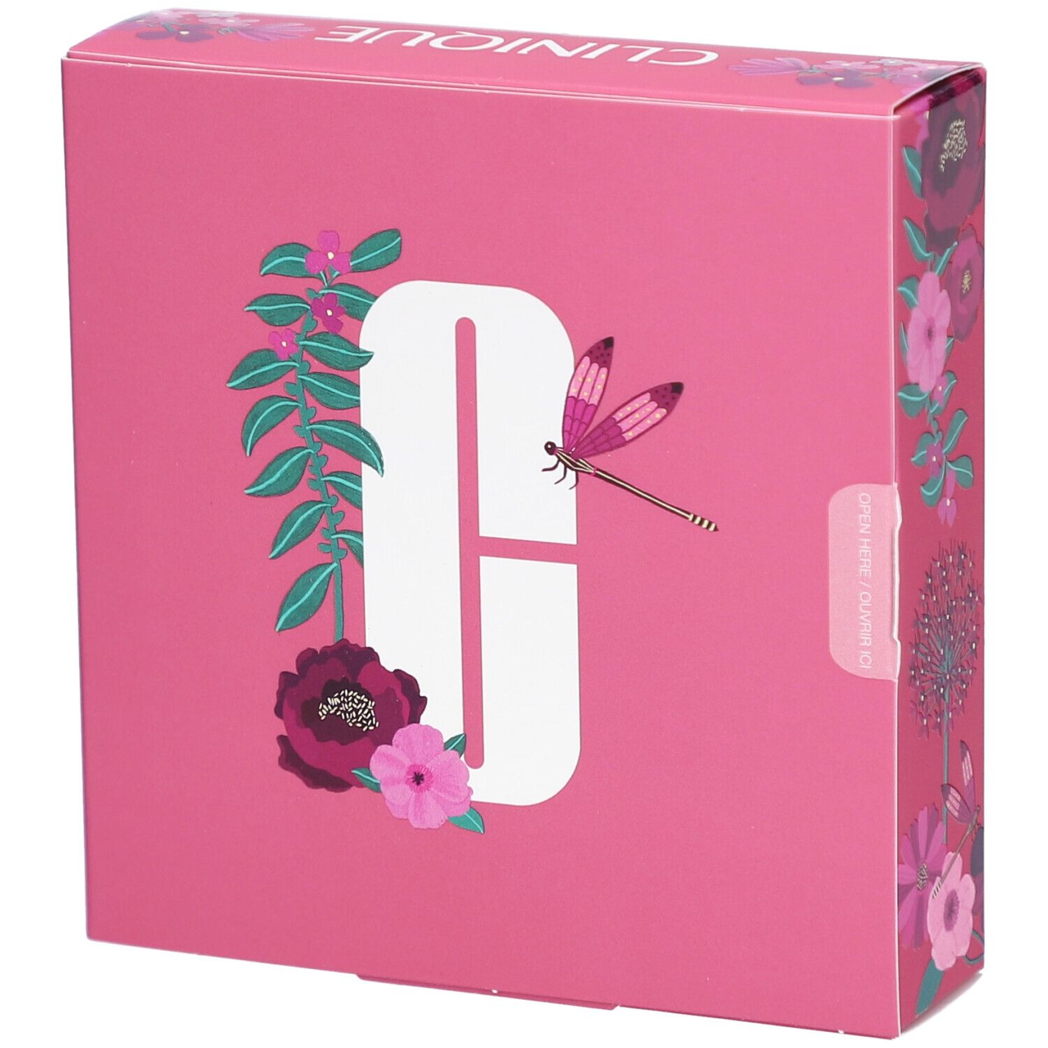 Coffret rose Clinique avec motif floral et logo. Inscription "Clinique" sur le côté. Forme carrée.