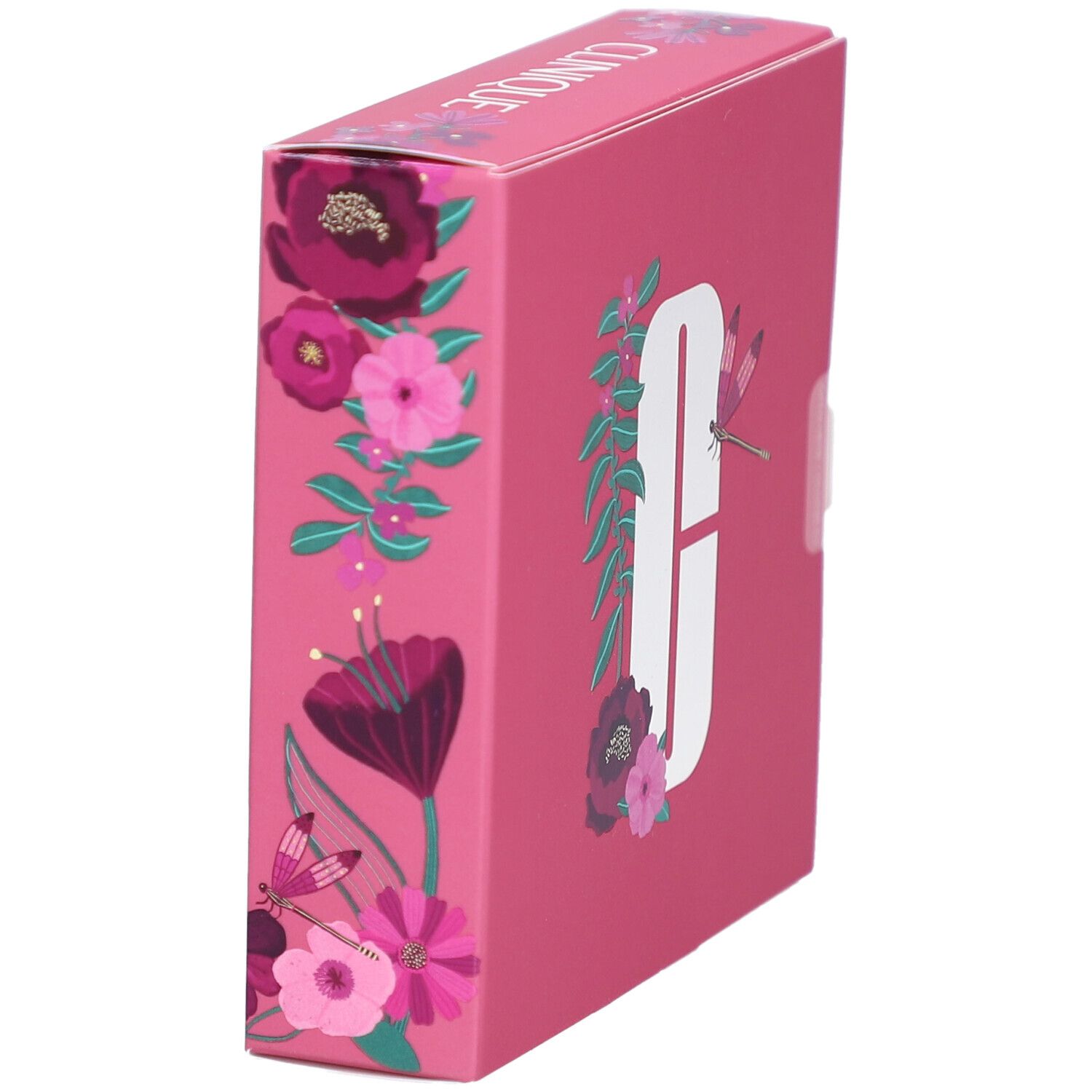 Coffret rose Clinique avec motif floral et logo. Inscription "Clinique" sur le côté. Forme rectangulaire.