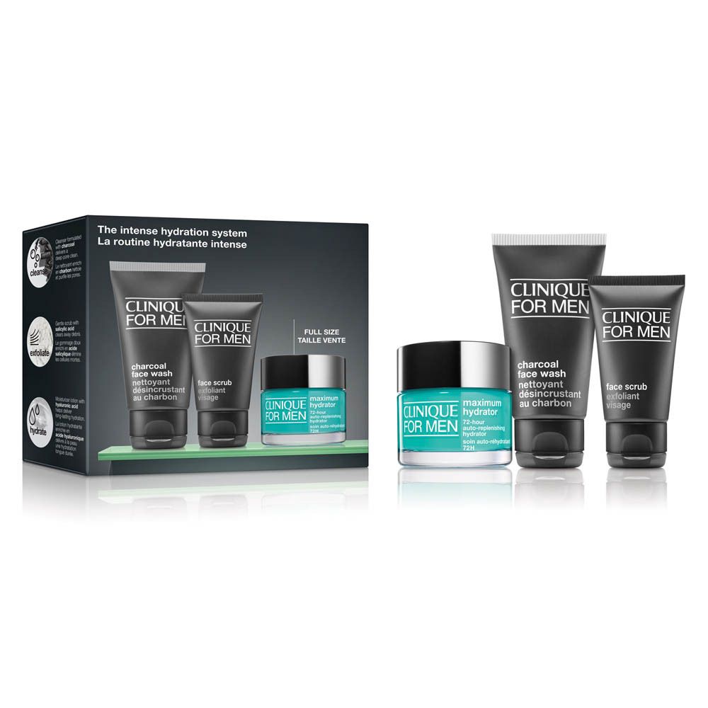 Clinique for Men : nettoyant visage, gommage et hydratant dans un emballage noir.