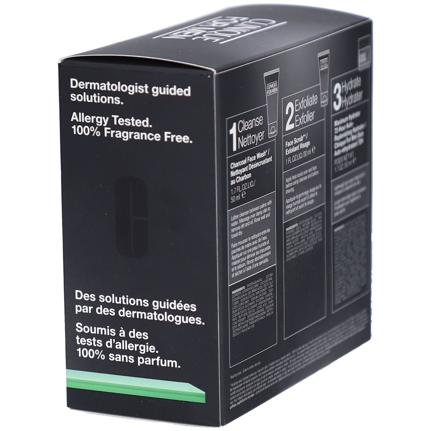 Emballage avec texte : Testé dermatologiquement, 100% sans parfum. Illustrations et logos des produits.