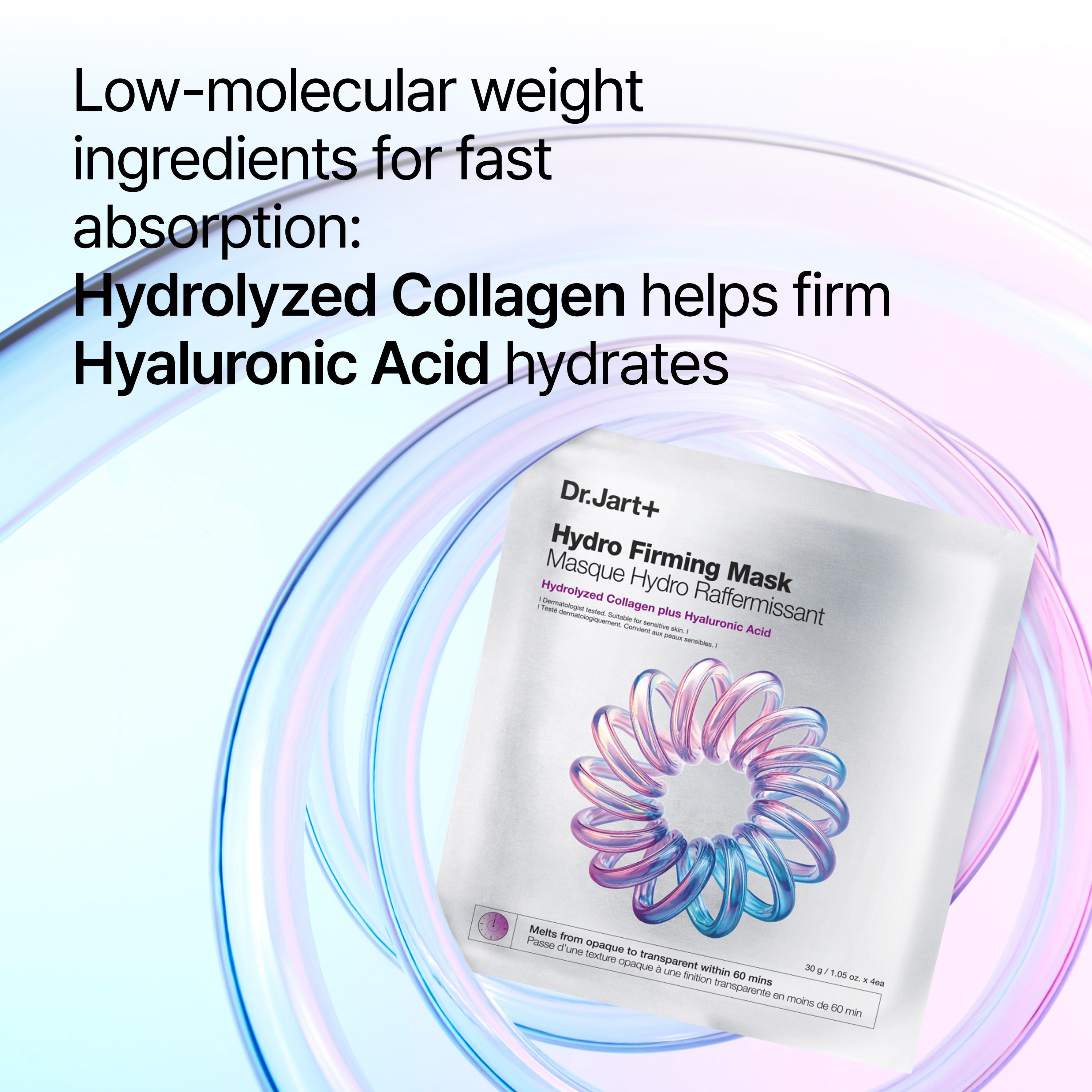 Emballage avec masque et texte: Hydro Firming Mask. Hydrolyzed Collagen plus Hyaluronic Acid.