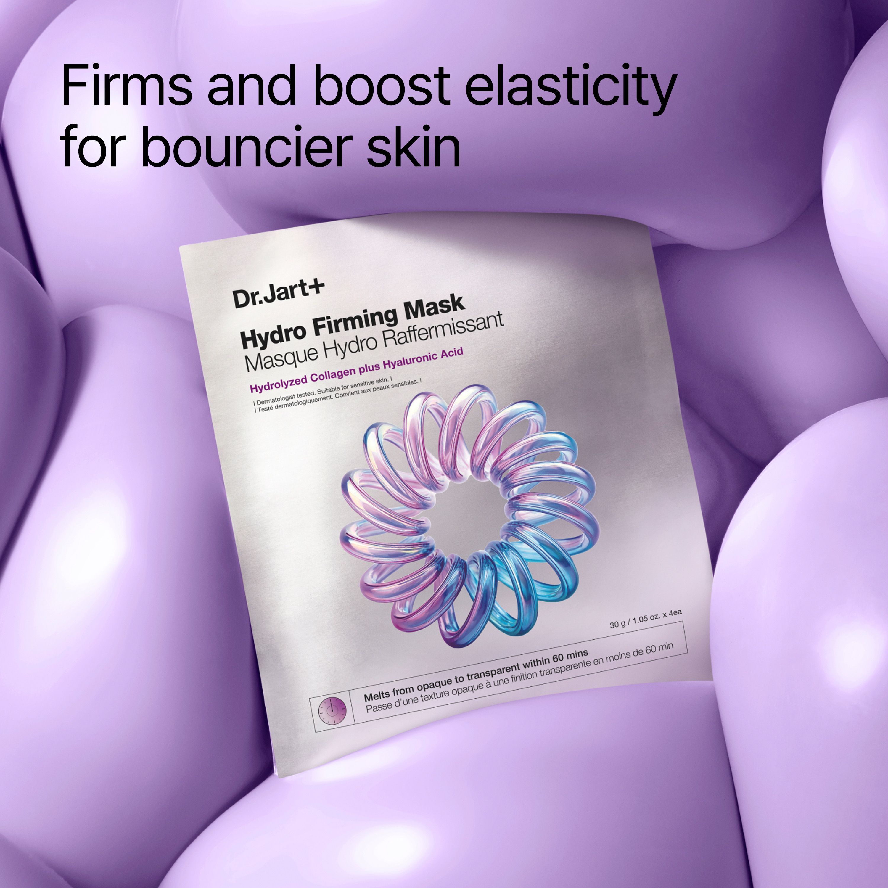 Emballage avec masque sur fond violet. Texte: Hydro Firming Mask. Hydrolyzed Collagen plus Hyaluronic Acid.