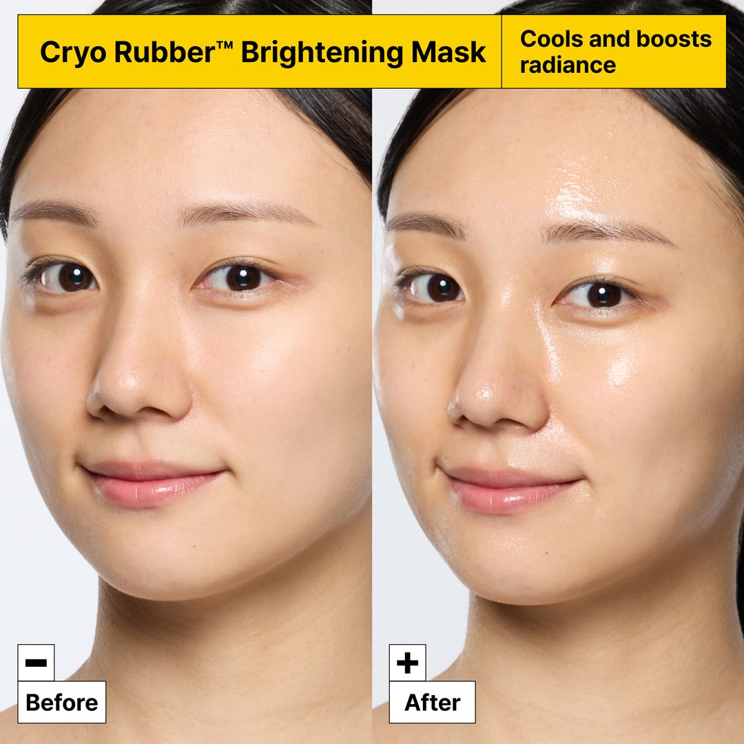 Comparaison avant-après. Visage d'une femme avant et après l'utilisation de Dr.Jart+ Cryo Rubber™ Brightening Mask.