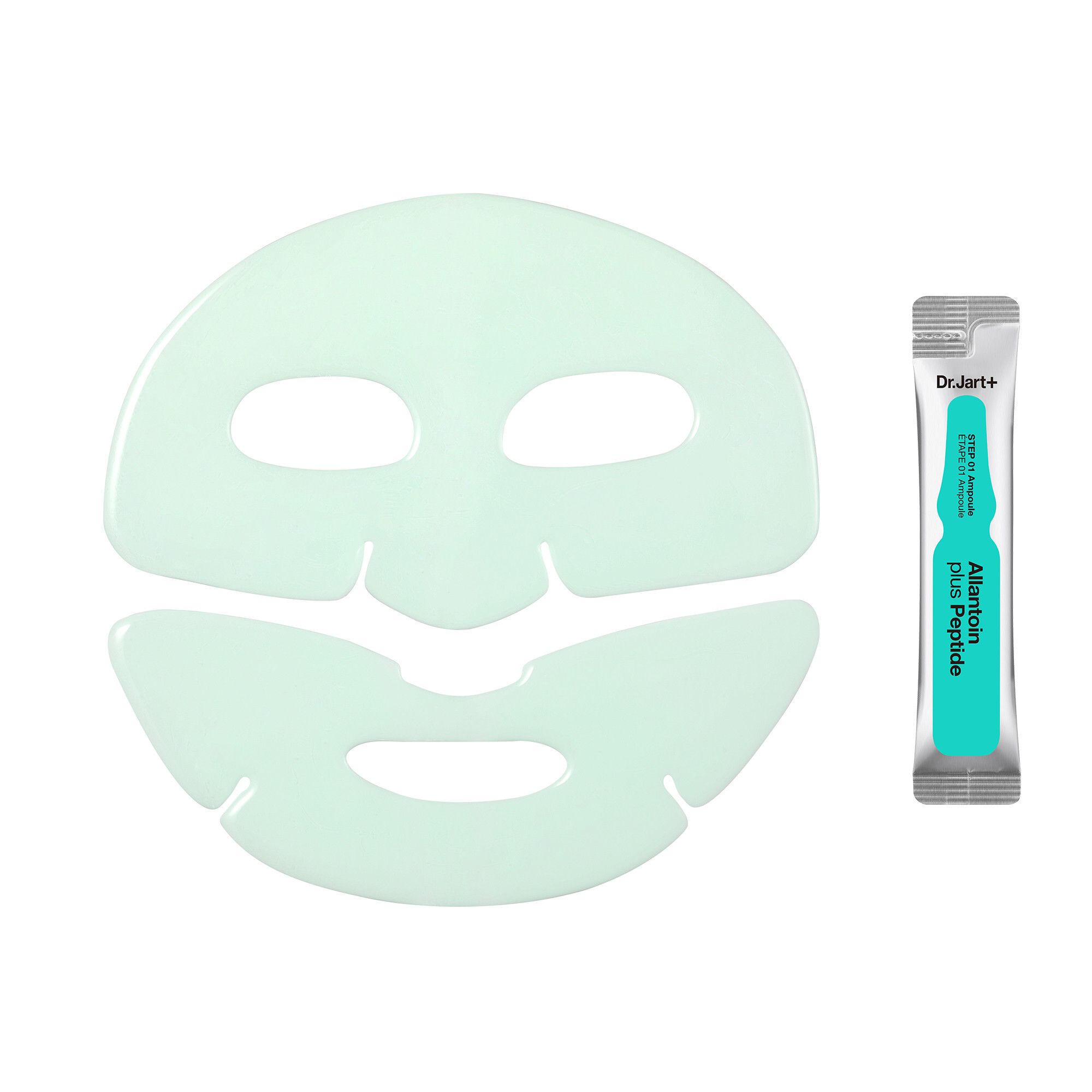 Masque facial vert clair et ampoule. Masque en deux parties. Ampoule avec texte. Marque : Dr.Jart+.
