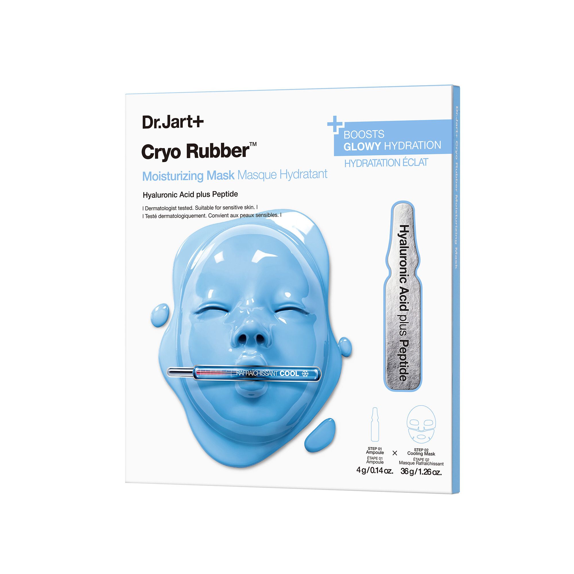 Emballage Dr.Jart+ Cryo Rubber™ Moisturizing Mask. Masque et ampoule bleus. Texte: « Hyaluronic Acid plus Peptide ».